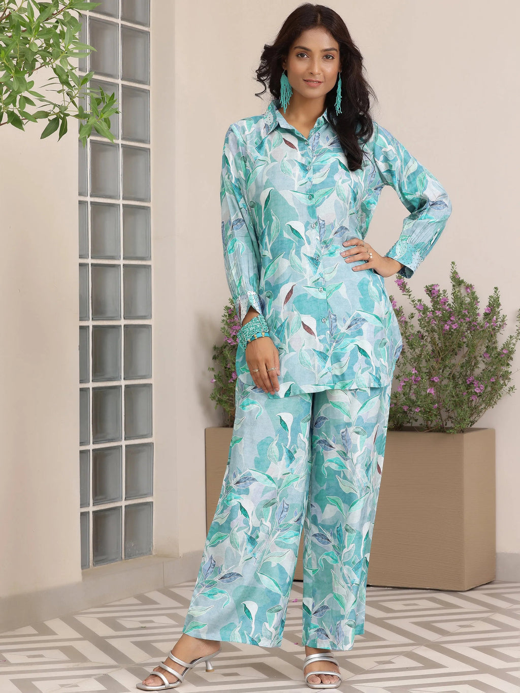 Blue Printed Silk Blend Co-Ords