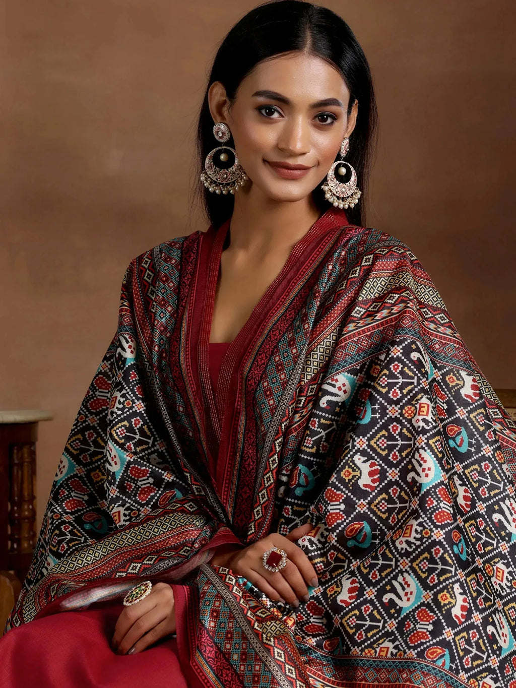 Maroon Solid Cotton Blend Straight Suit With Dupatta