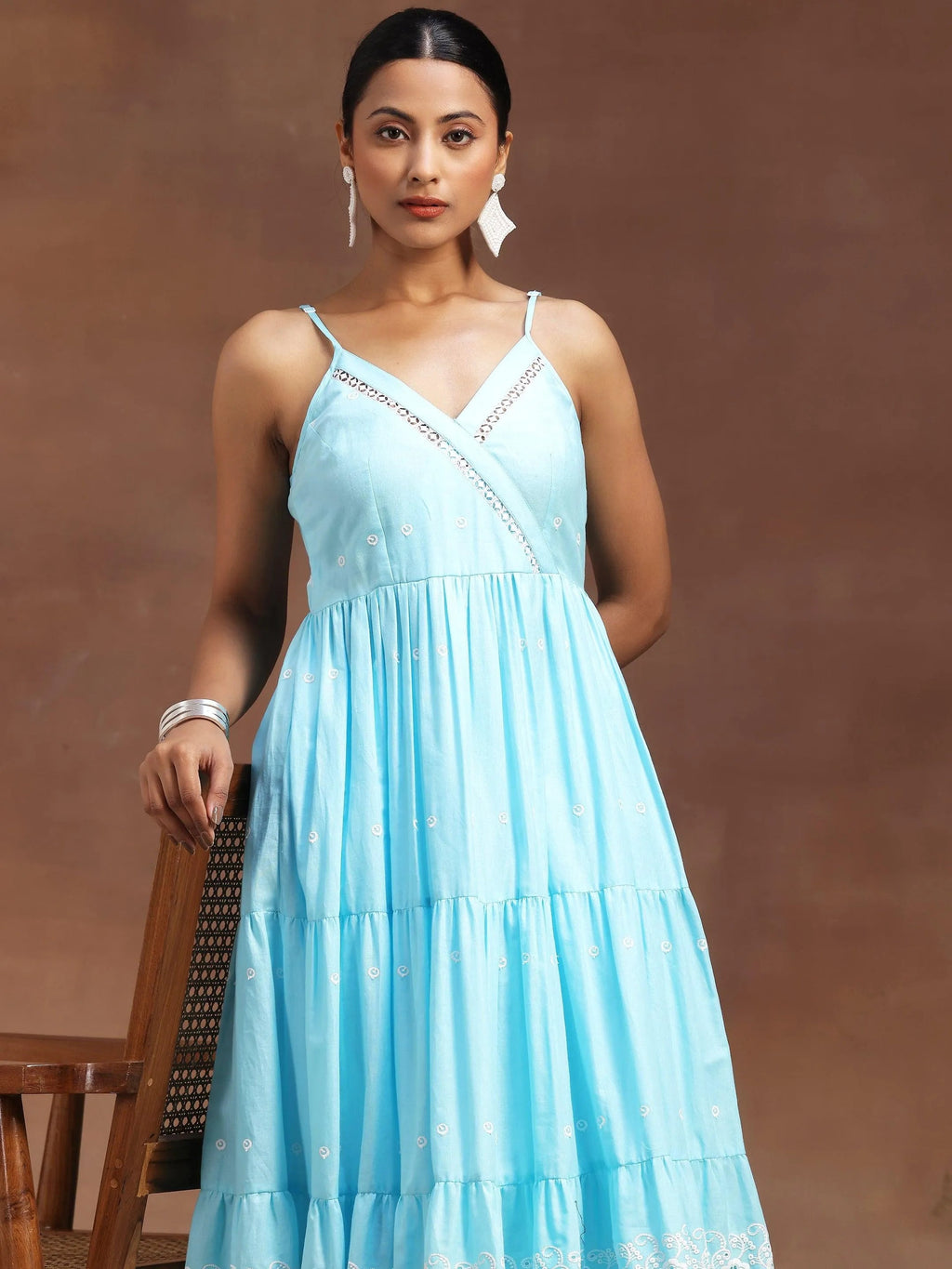 Blue Self Design Cotton Anarkali Kurta With Trousers