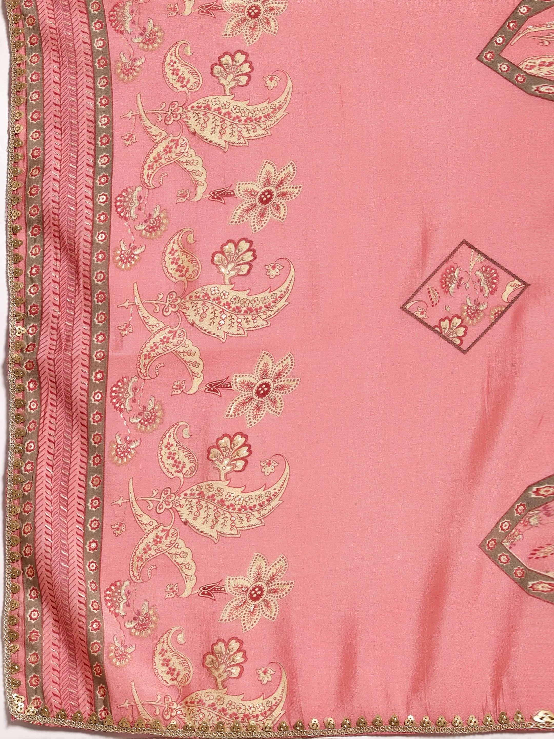 Pink Printed Silk Blend Straight Suit With Dupatta