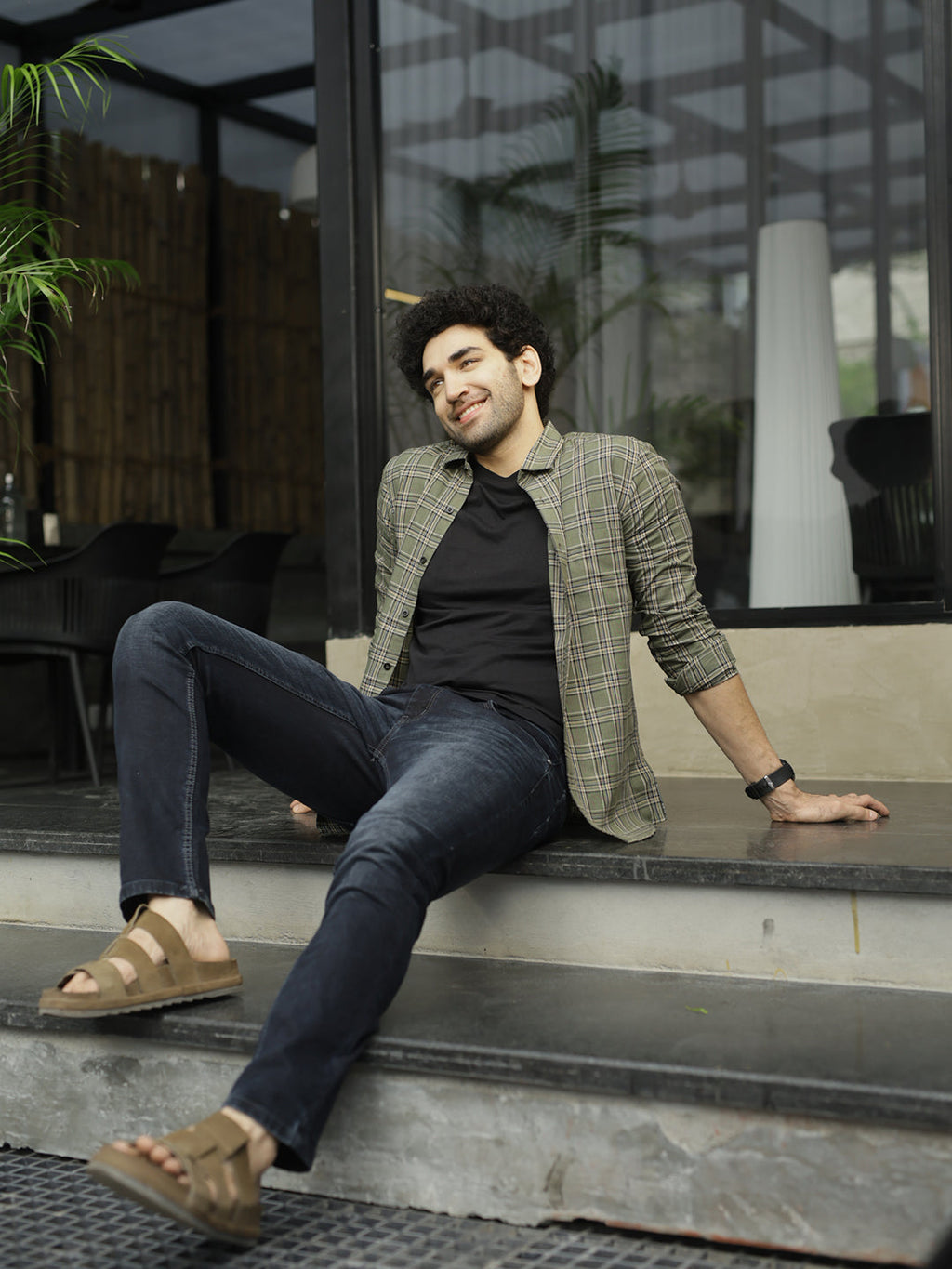 Green Checked Semi Casual Shirt