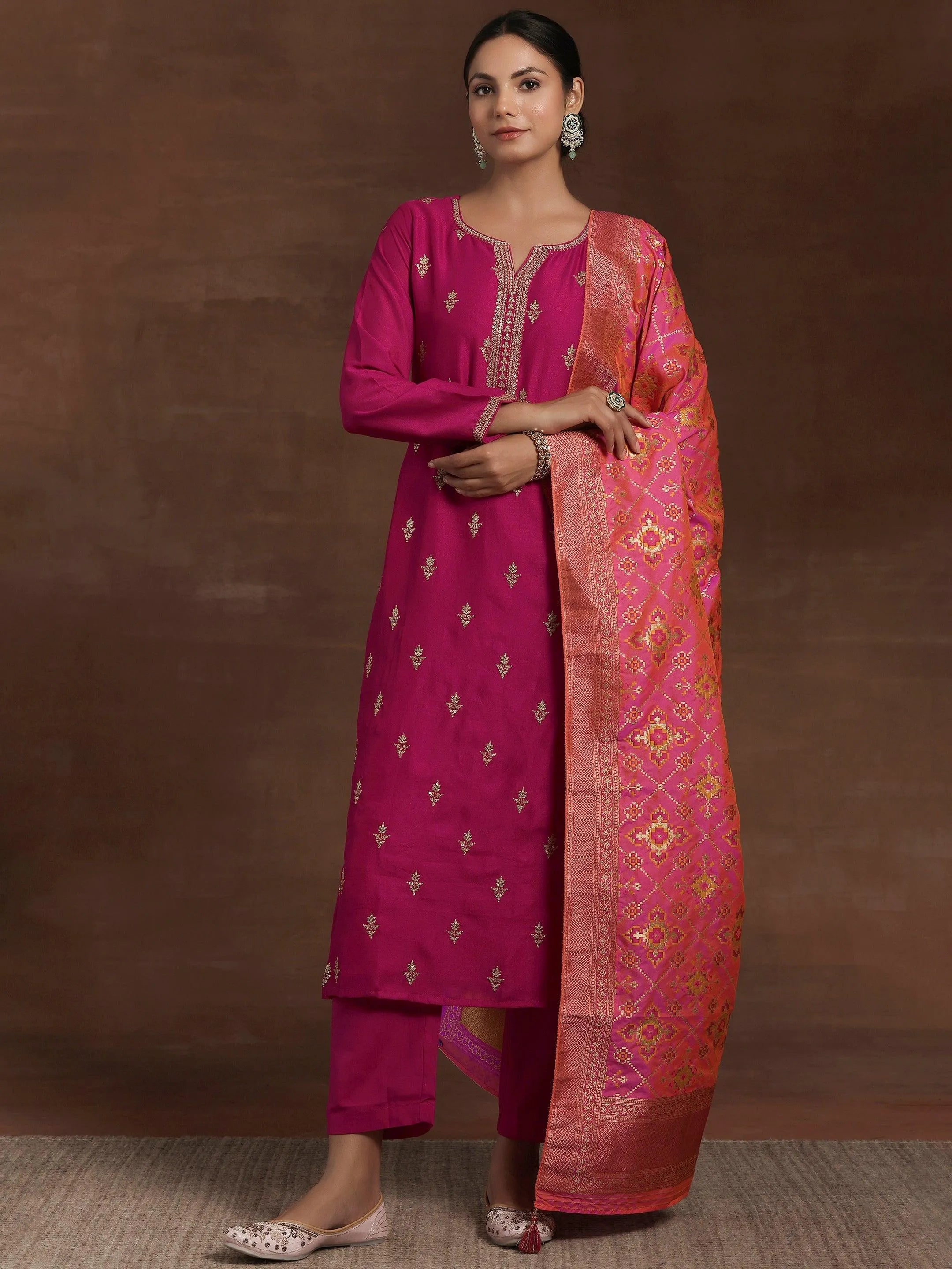 Pink Embroidered Silk Blend Straight Suit With Dupatta