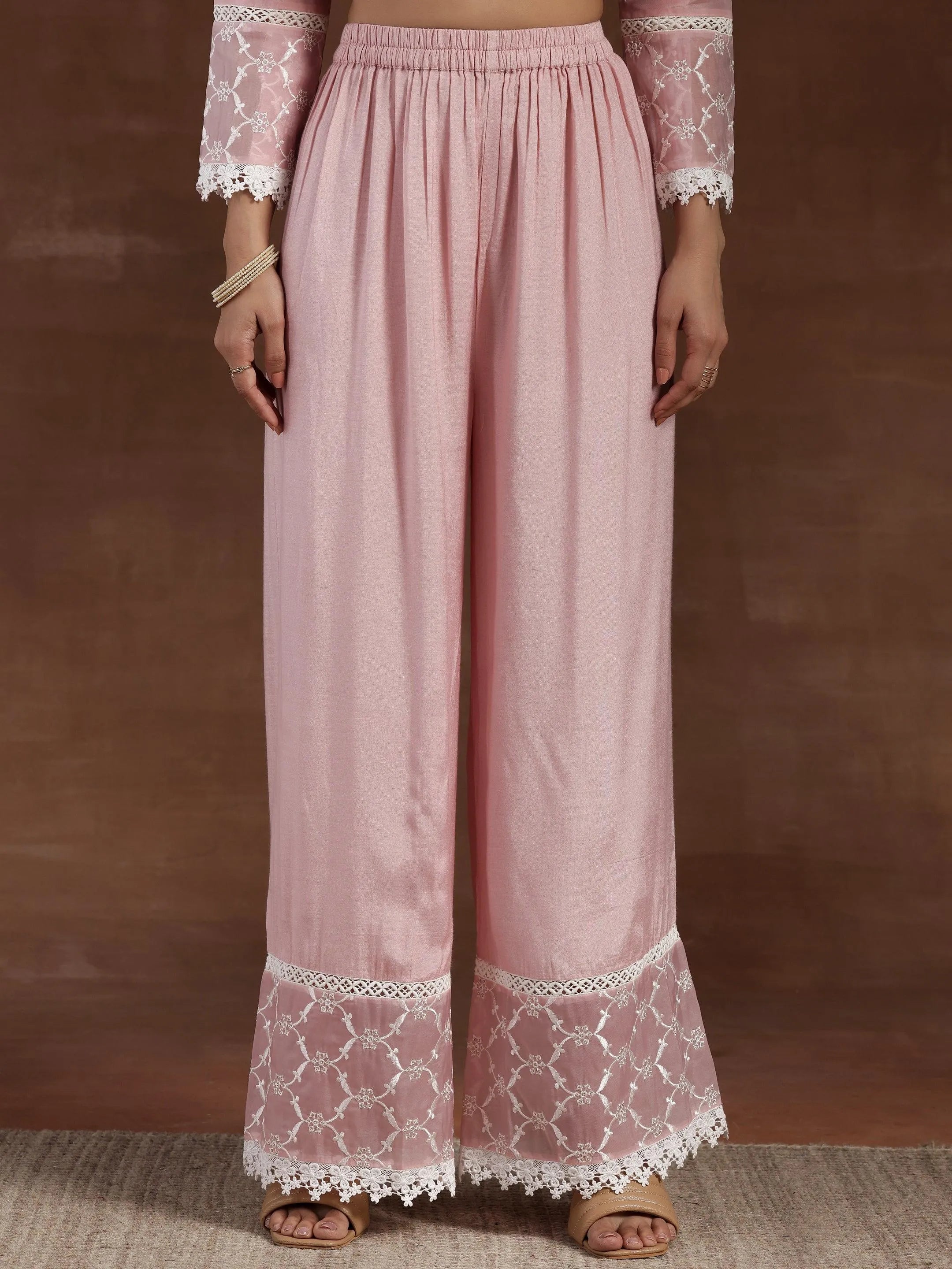 Pink Embroidered Organza A-Line Kurta With Palazzos & Dupatta