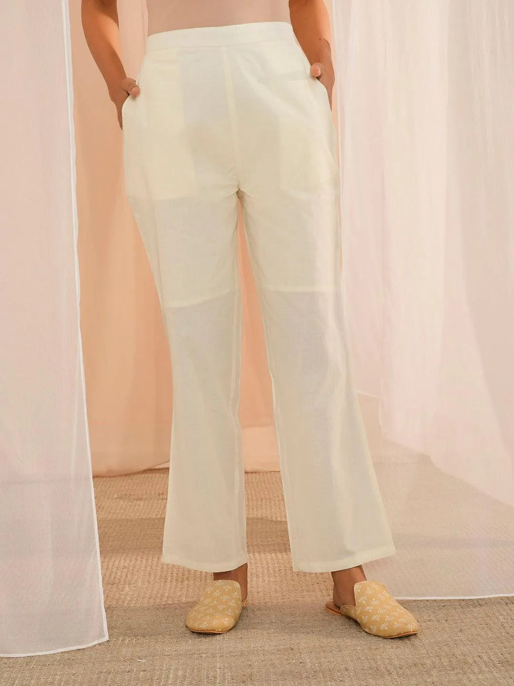 Off White Embroidered Cotton Straight Kurta Set