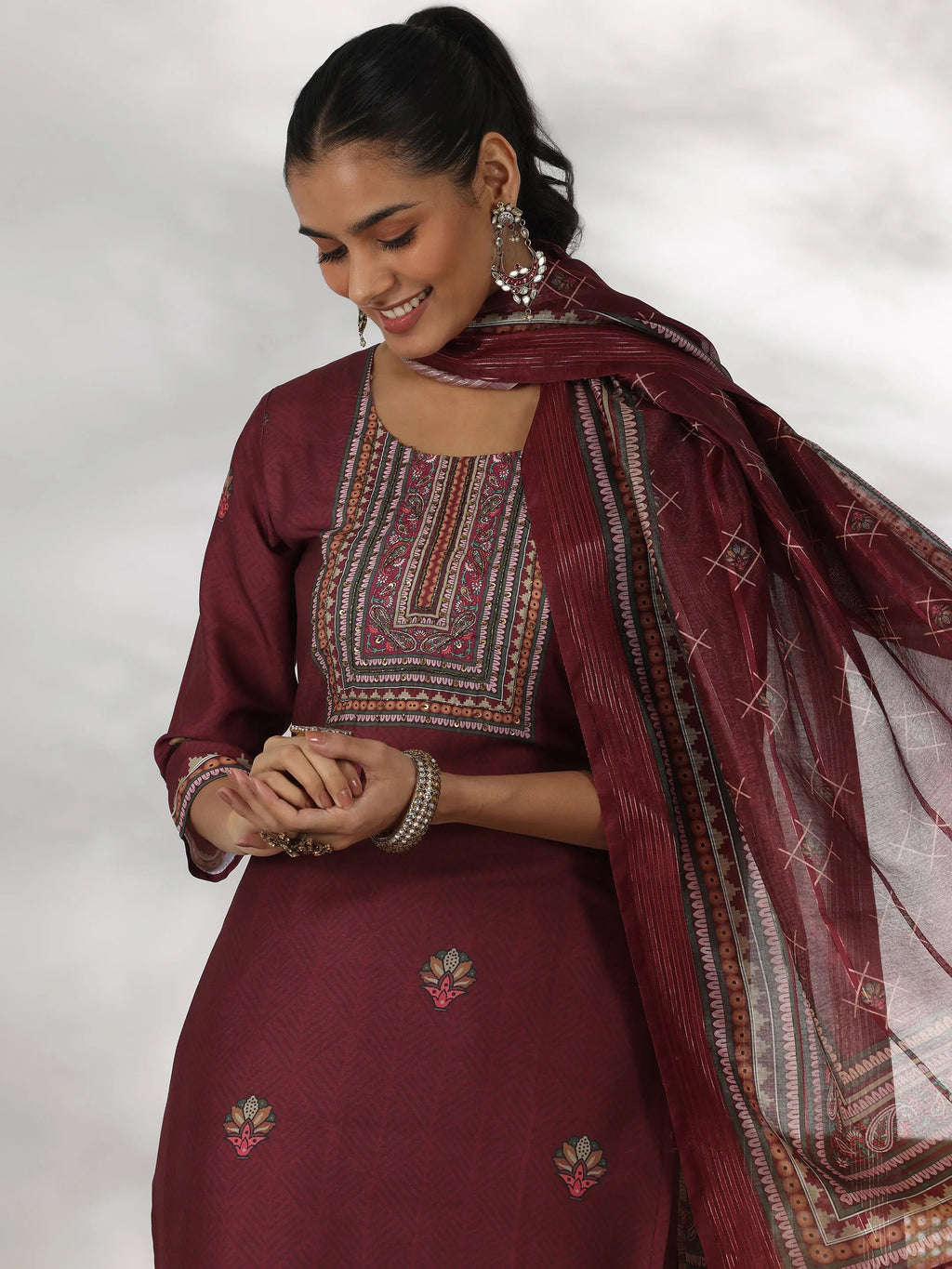 Maroon Printed Silk Blend Straight Suit With Dupatta