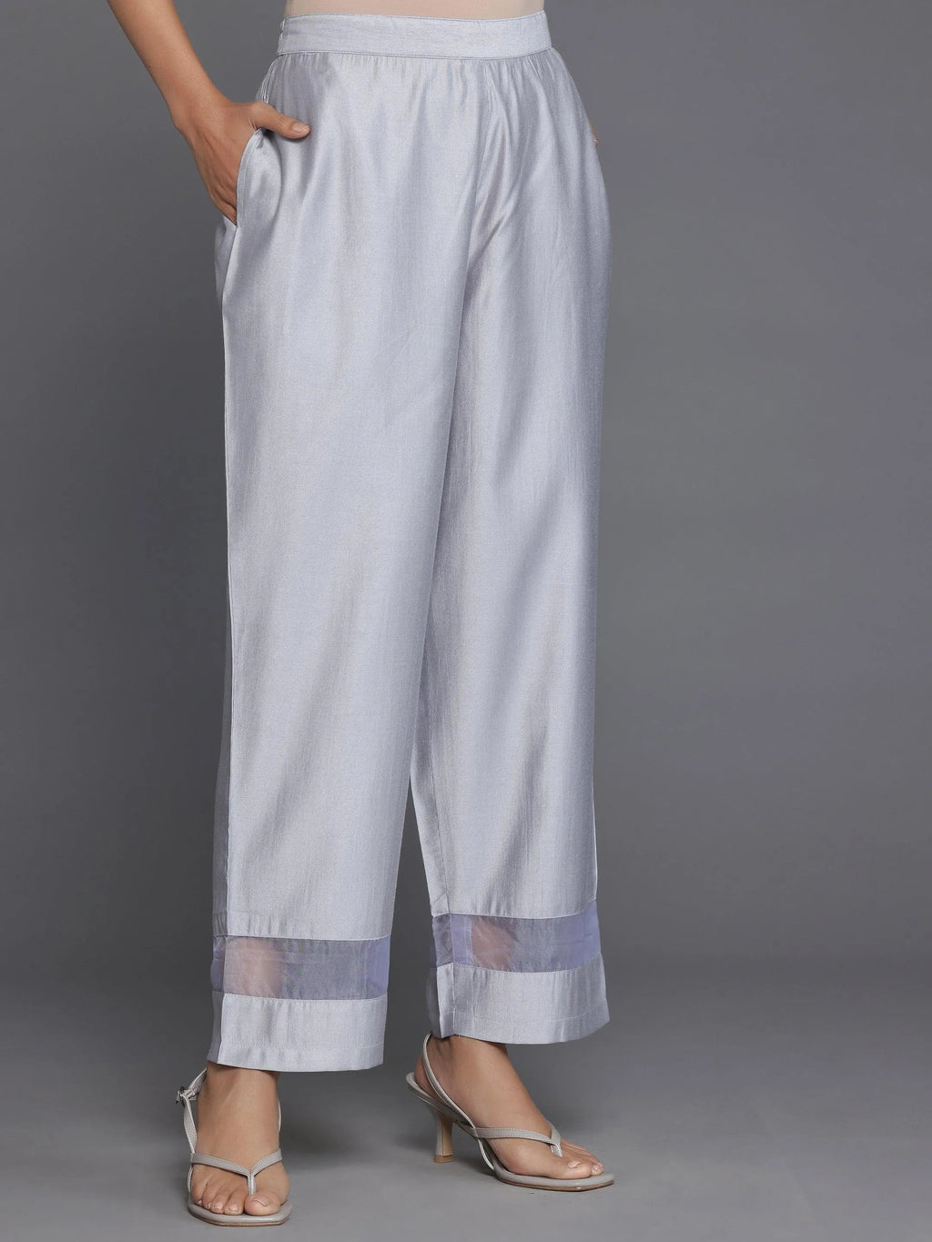 Grey Self Design Silk Blend Straight Suit With Dupatta