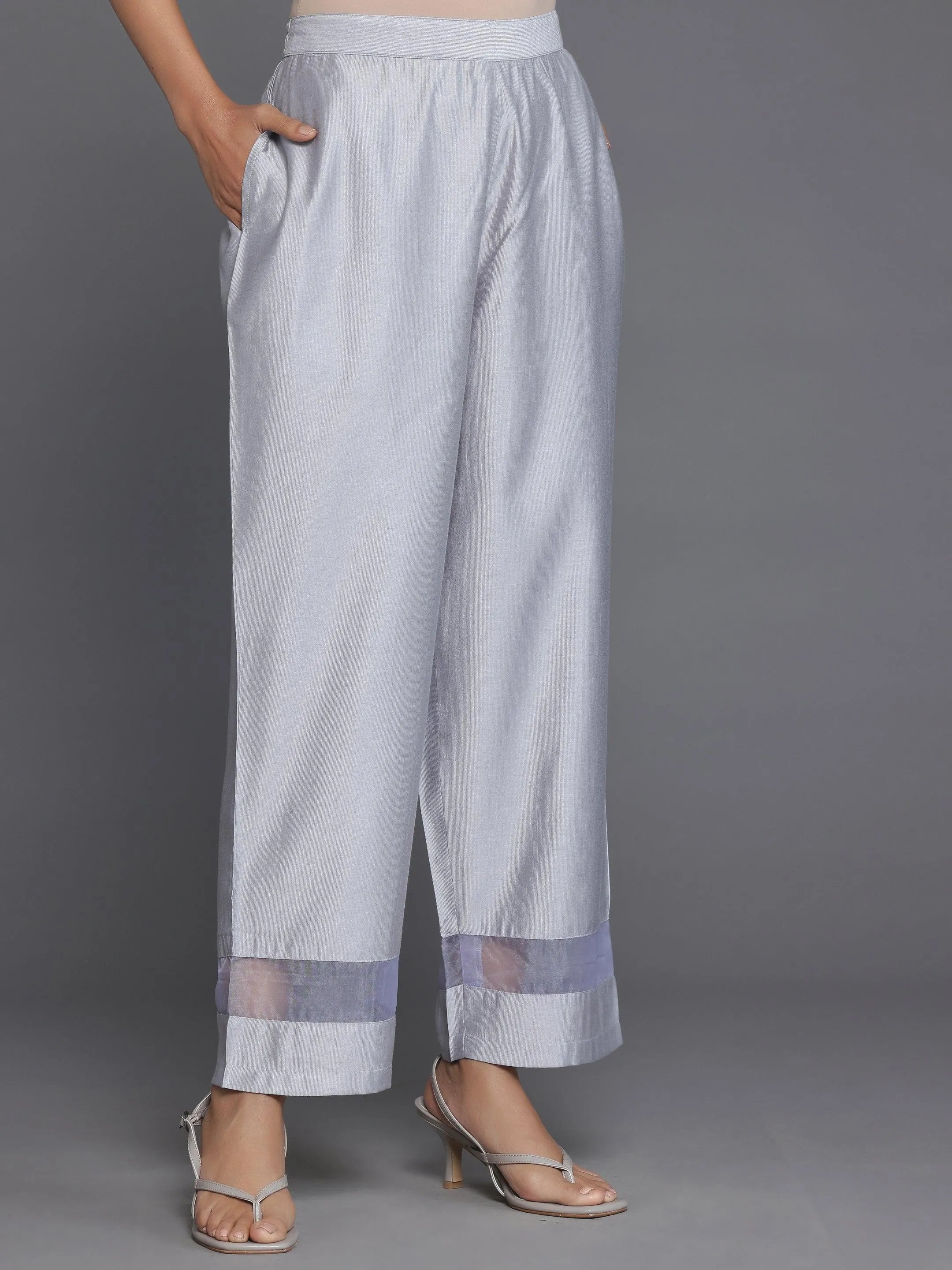 Grey Self Design Silk Blend Straight Suit With Dupatta