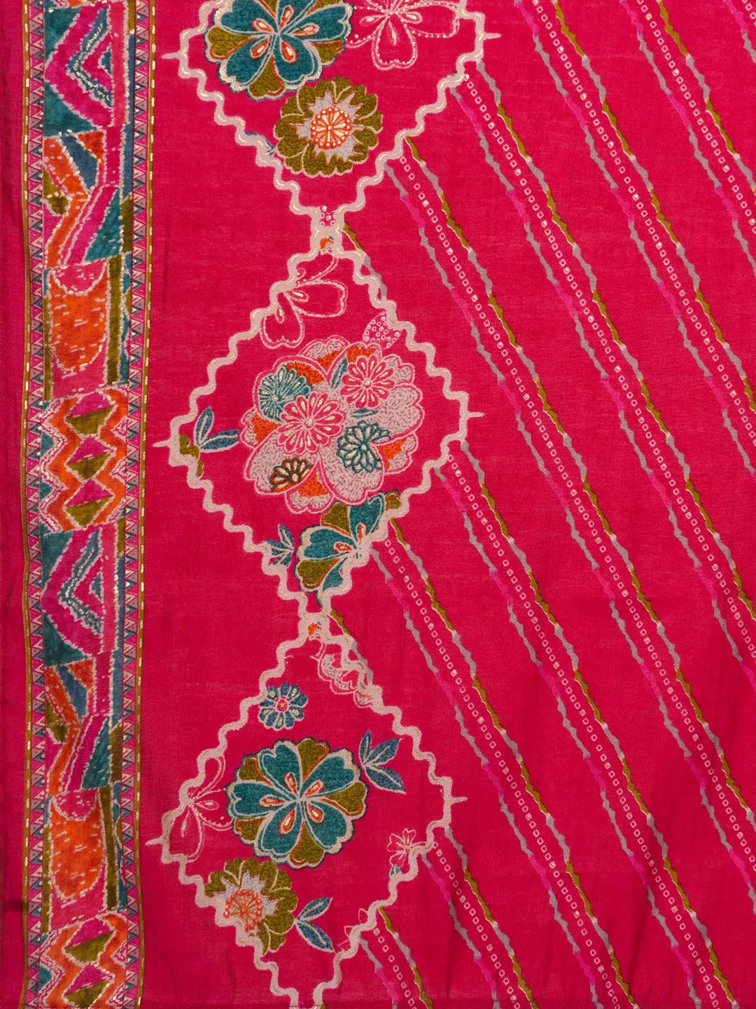 Pink Printed Silk Blend A-Line Kurta With Palazzos & Dupatta
