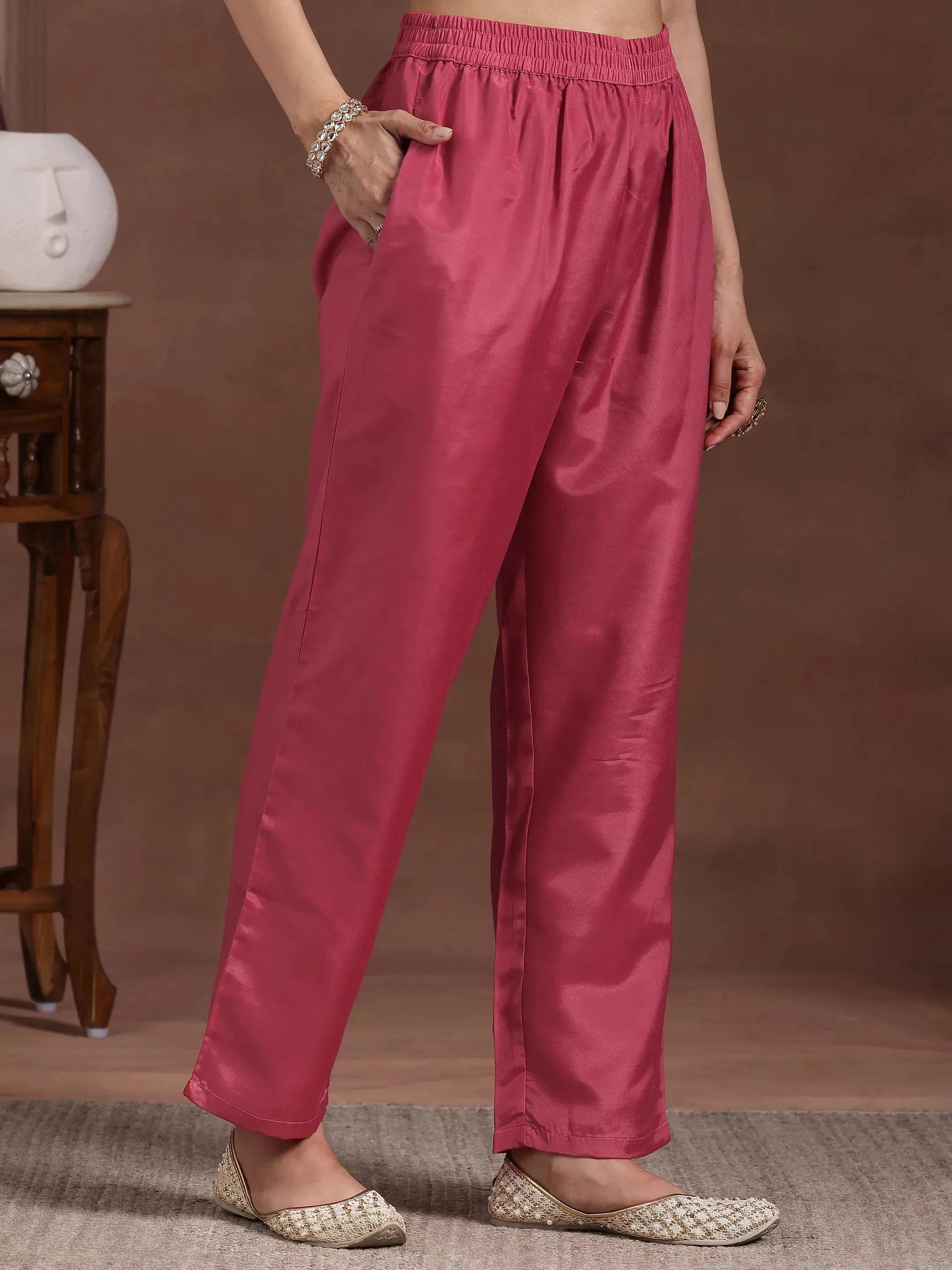 Pink Printed Silk Blend Straight Suit With Dupatta