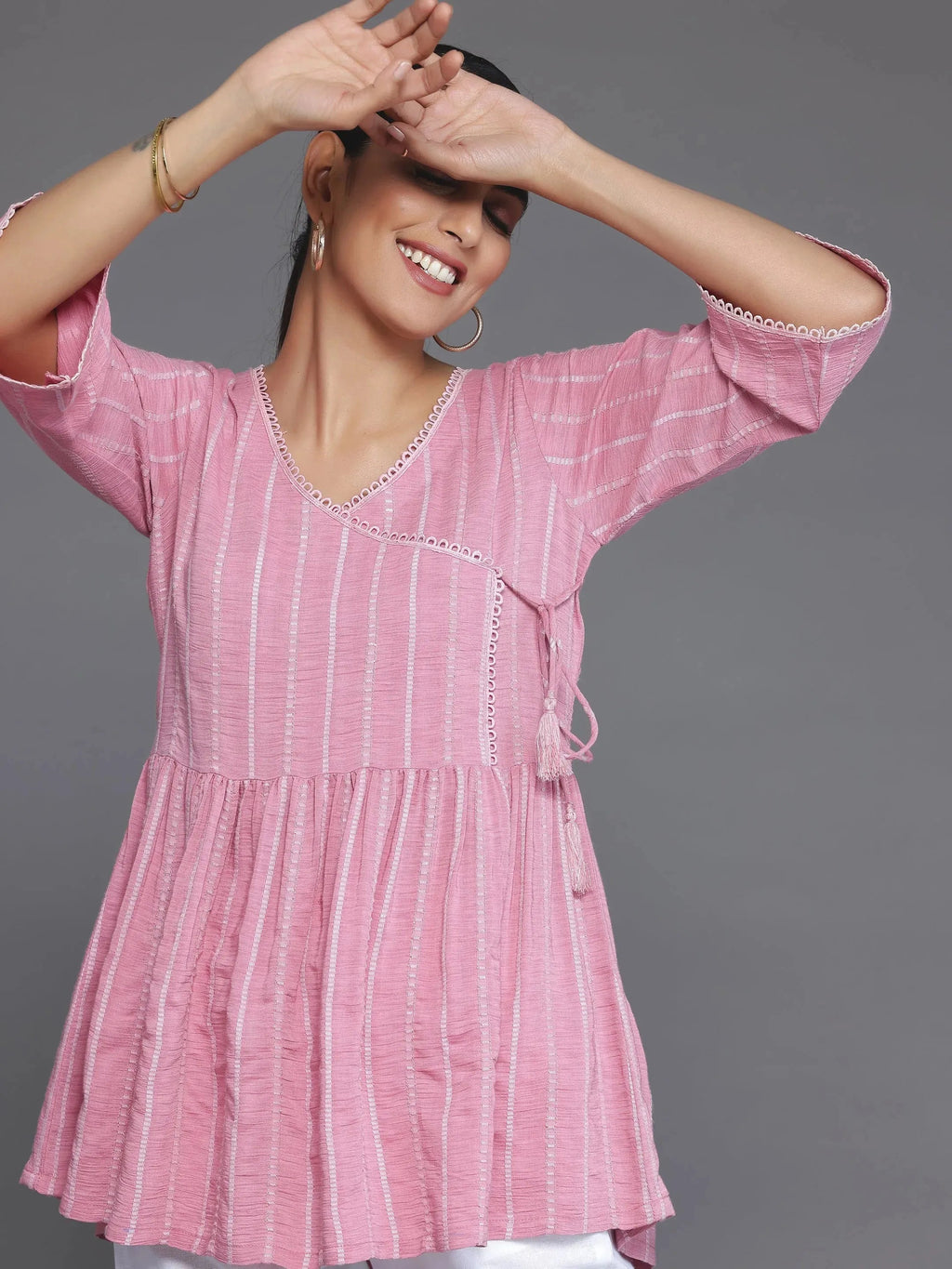 Pink Woven Design Cotton Blend A-Line Kurti