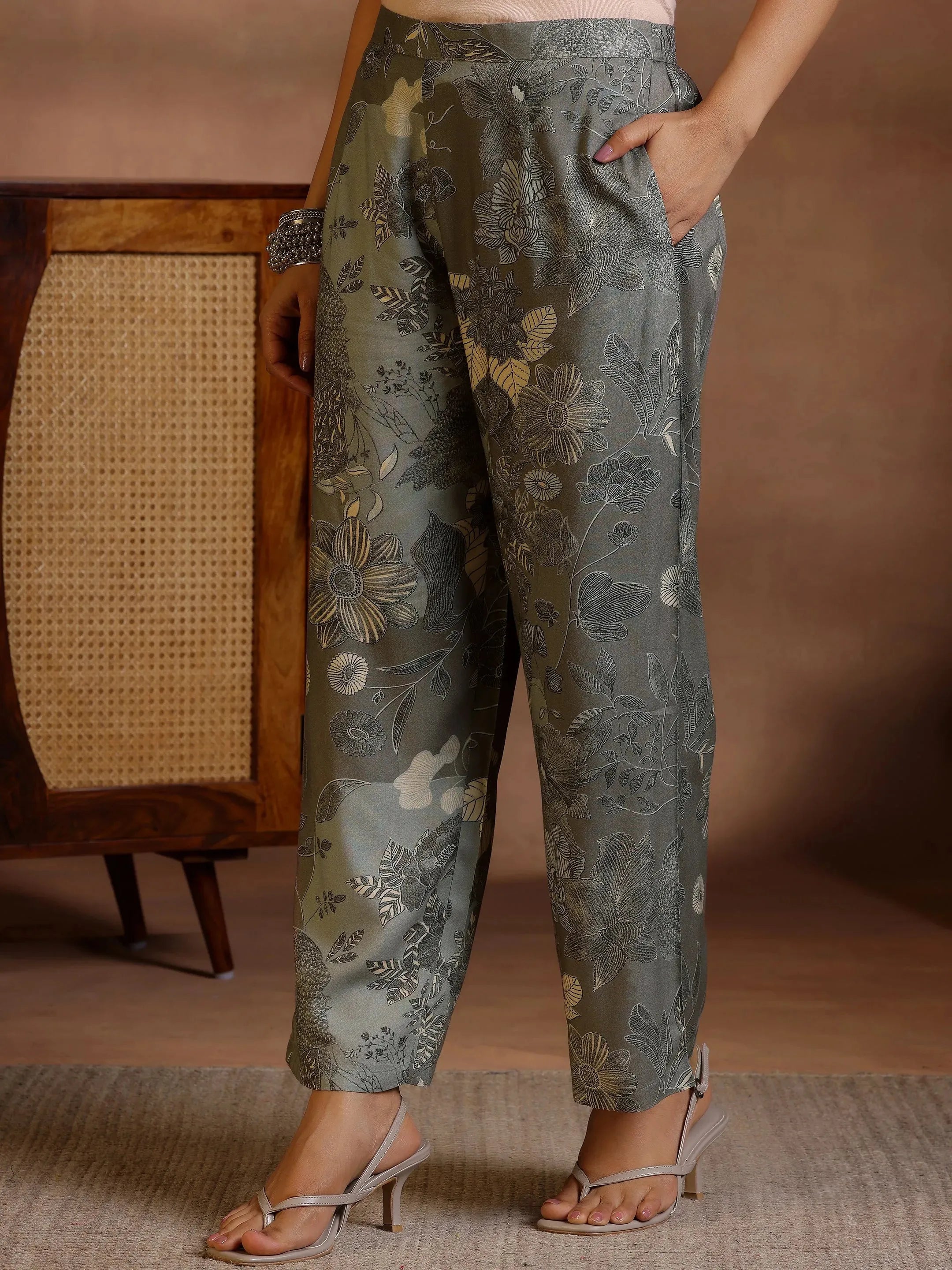 Grey Printed Silk Blend Co-Ords