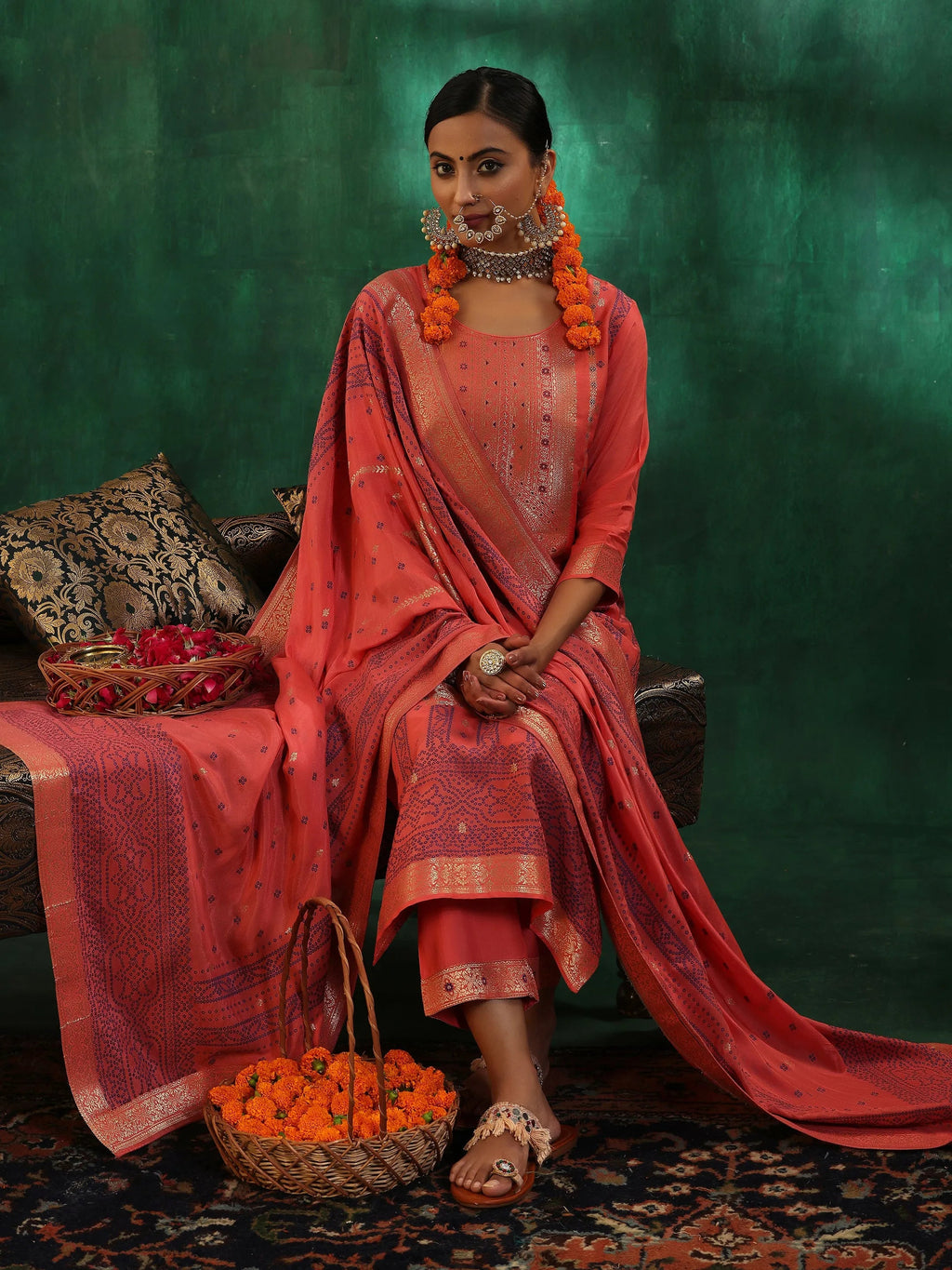 Peach Woven Design Silk Blend Straight Suit With Dupatta