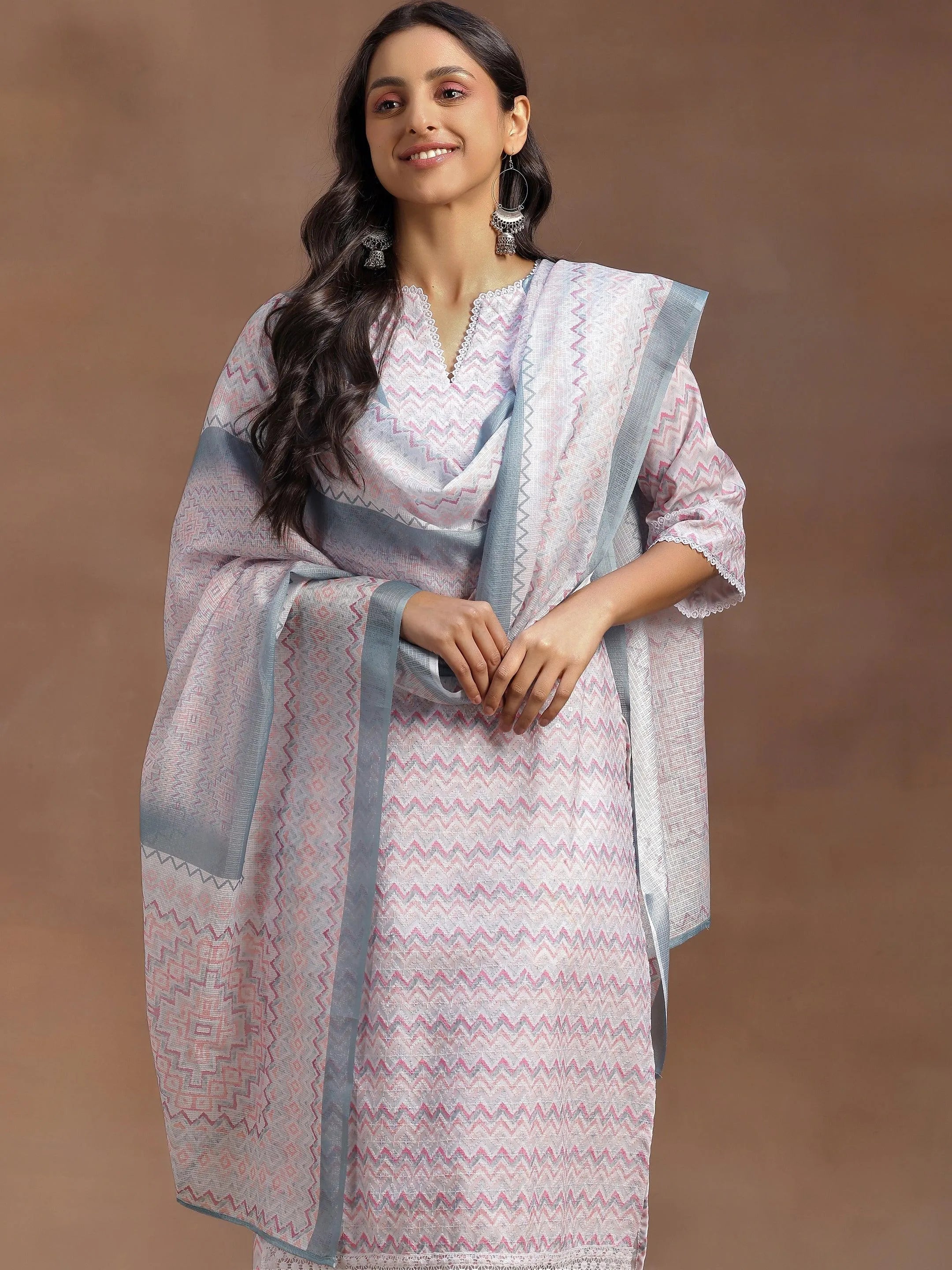 Pink Embroidered Cotton Blend Straight Suit With Dupatta