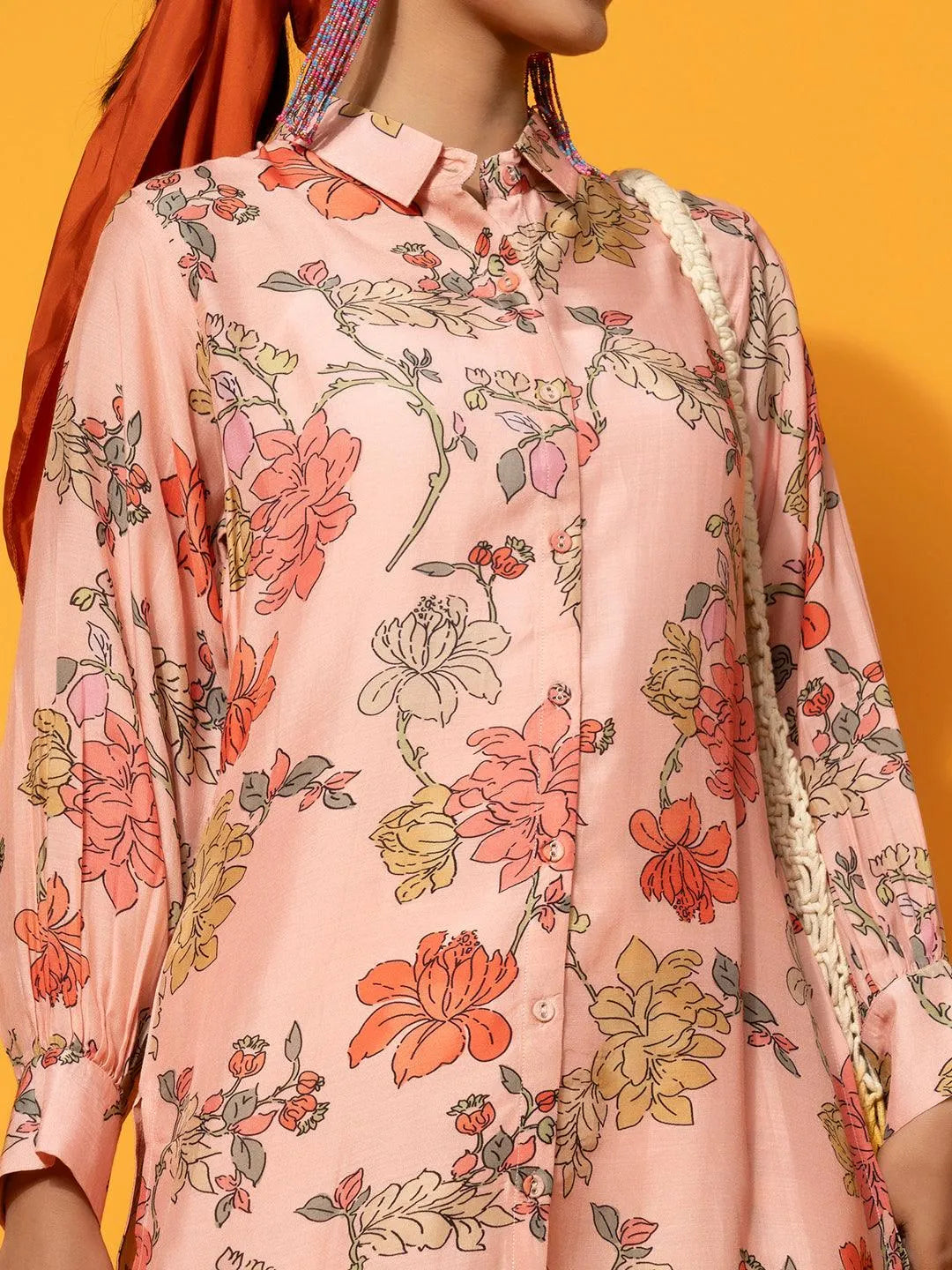 Peach Printed Silk Blend Co-Ords