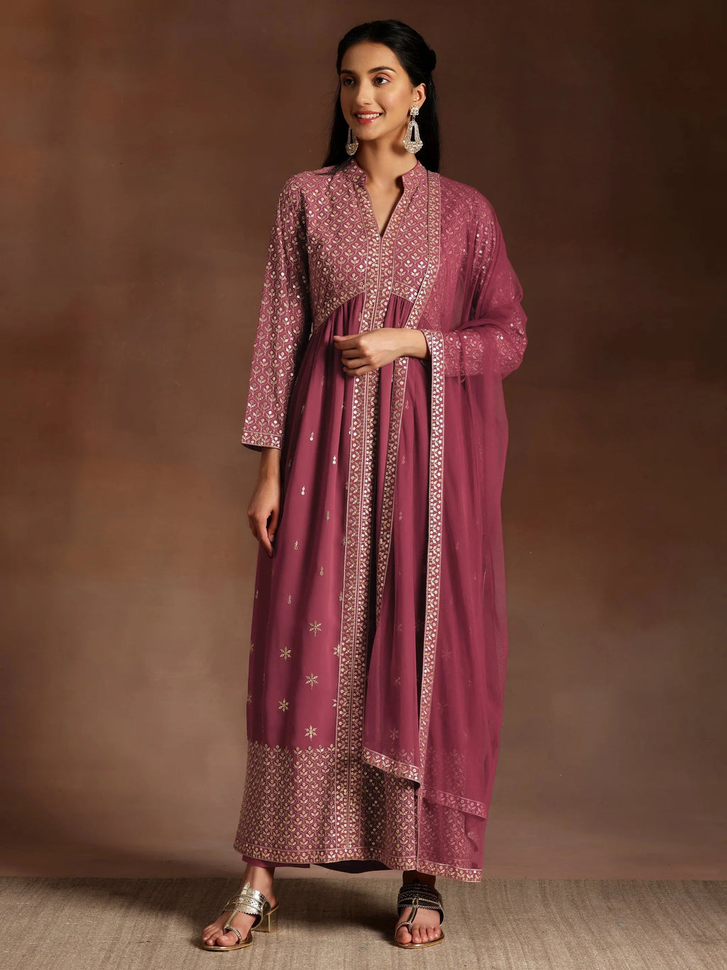 Libas Art Chandni Mauve Embroidered Georgette A-Line Kurta With Trousers & Dupatta