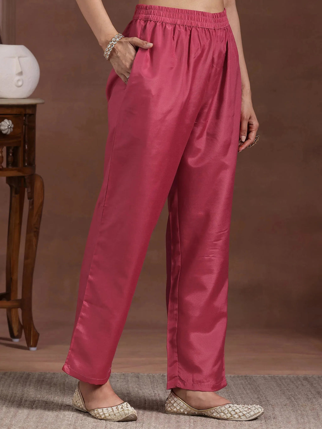 Pink Printed Silk Blend Straight Suit With Dupatta