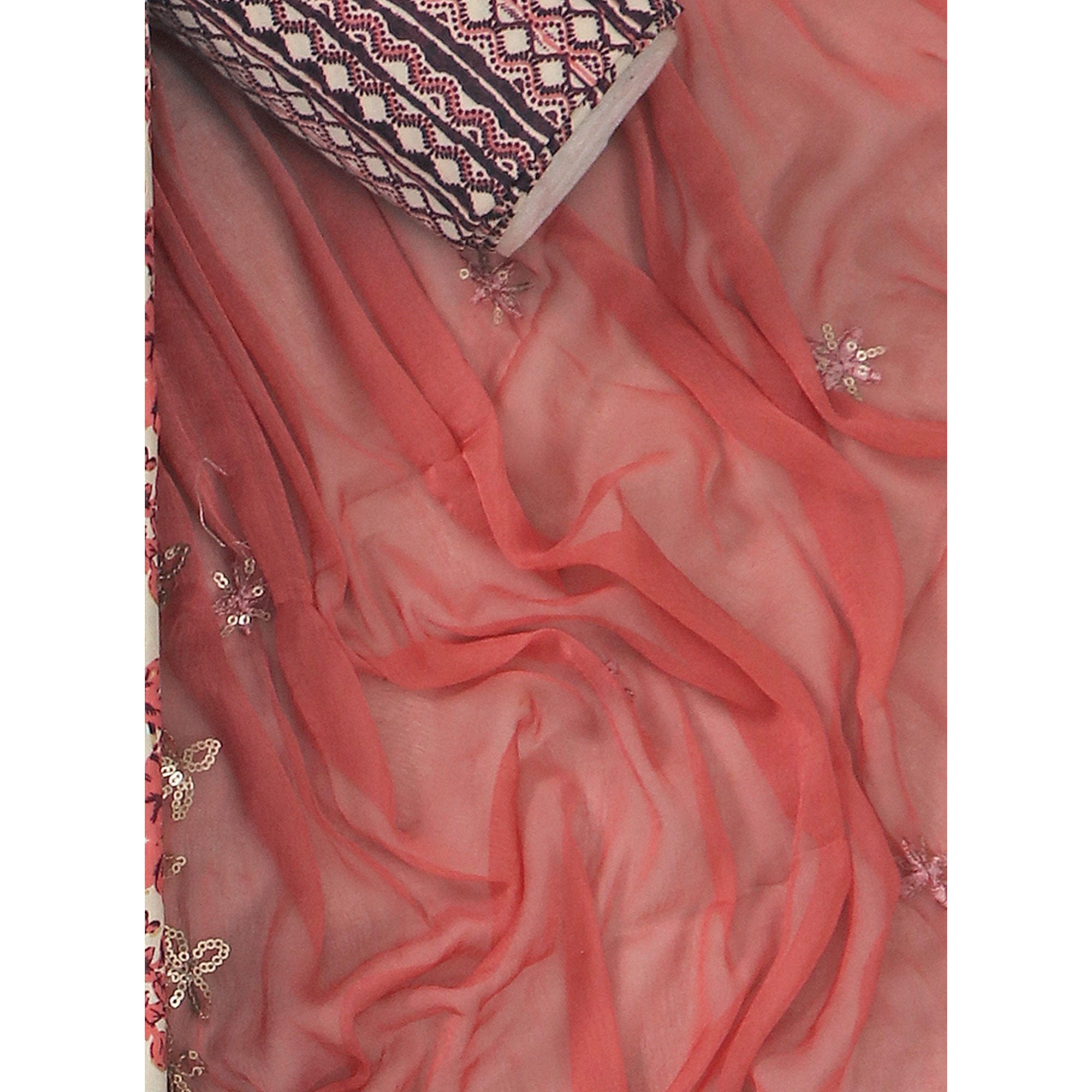 Peach Floral Foil Printed Cotton Blend Dress Material