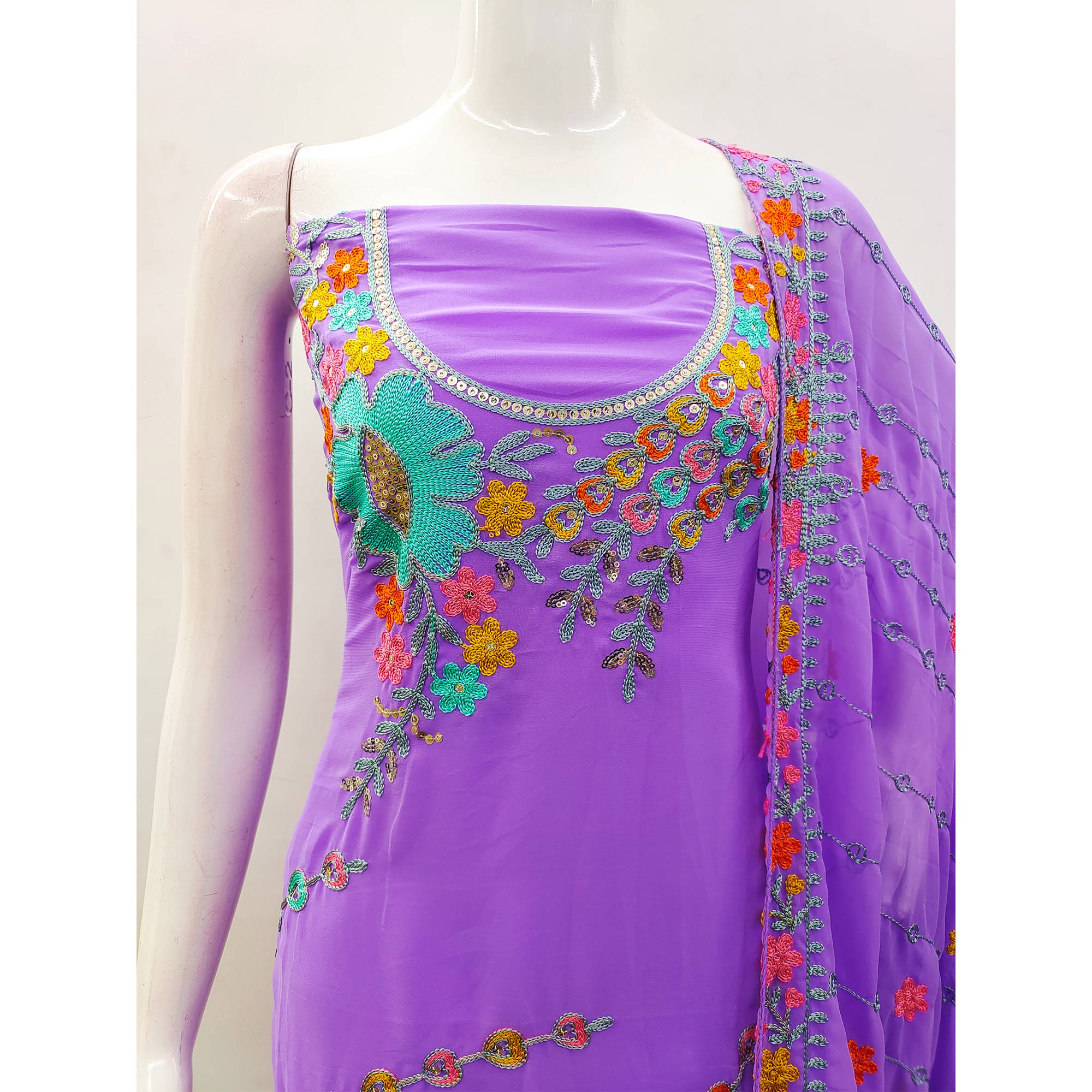 Lavender Floral Sequins Embroidered Georgette Dress Material