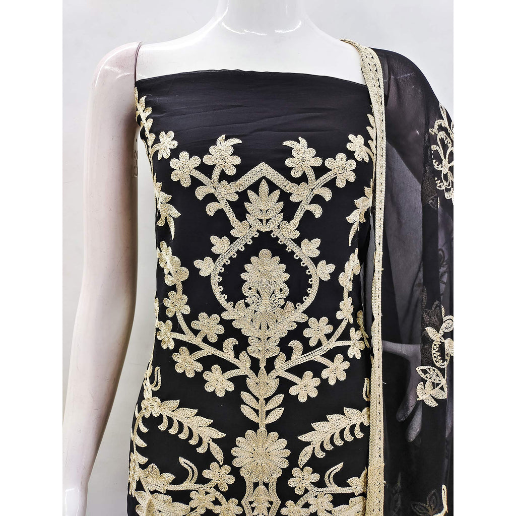 Black Floral Embroidered Georgette Dress Material