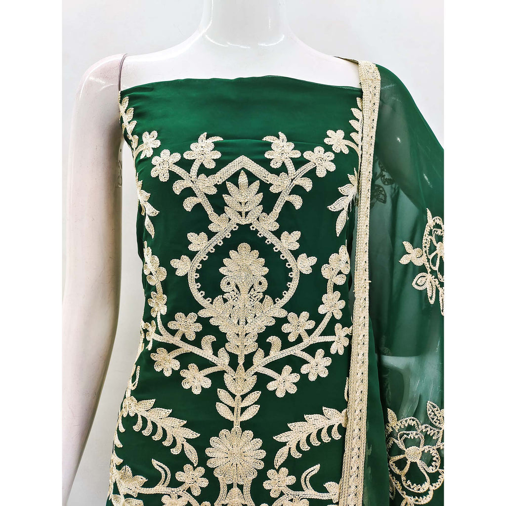 Green Floral Embroidered Georgette Dress Material