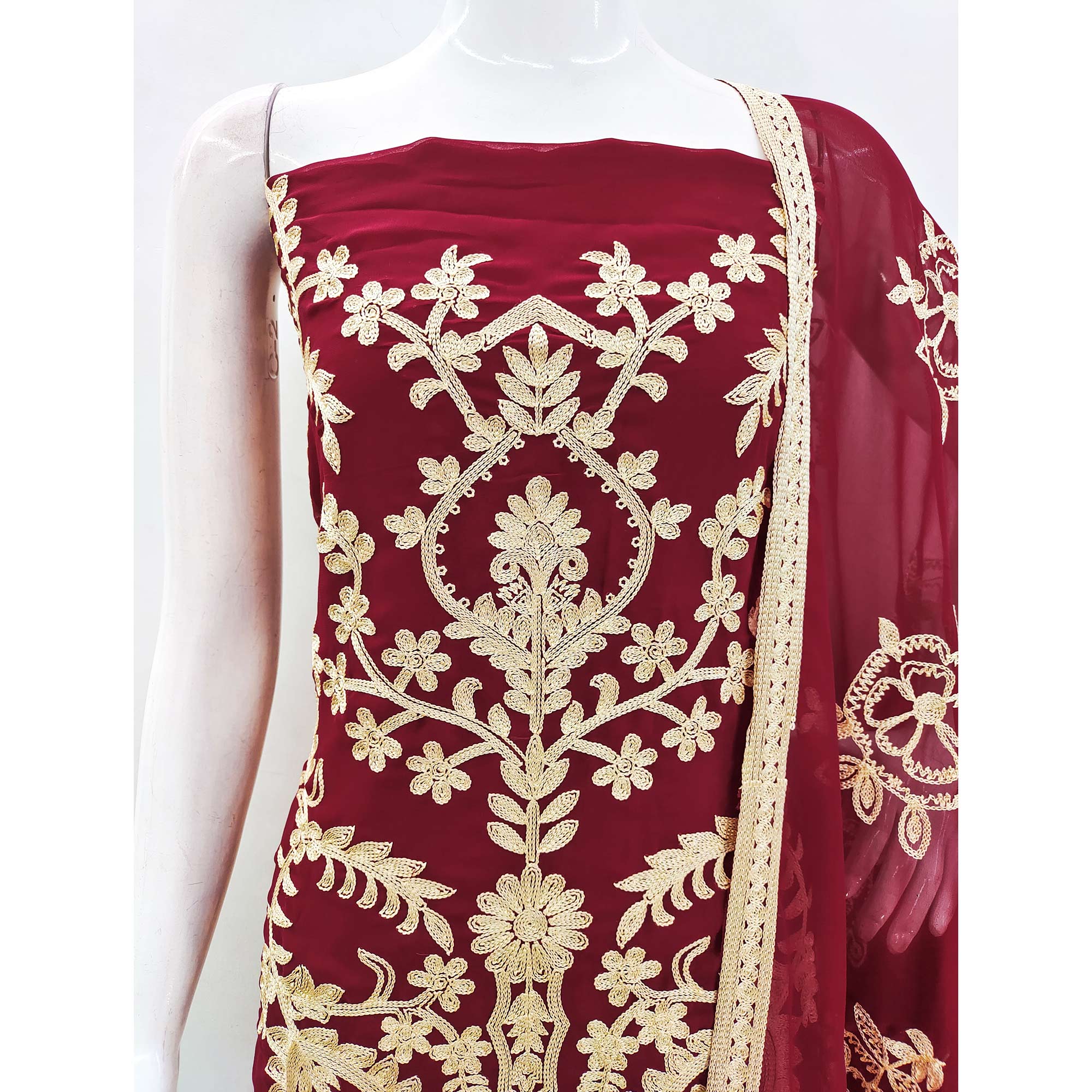 Maroon Floral Embroidered Georgette Dress Material