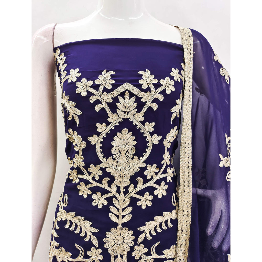 Navy Blue Floral Embroidered Georgette Dress Material