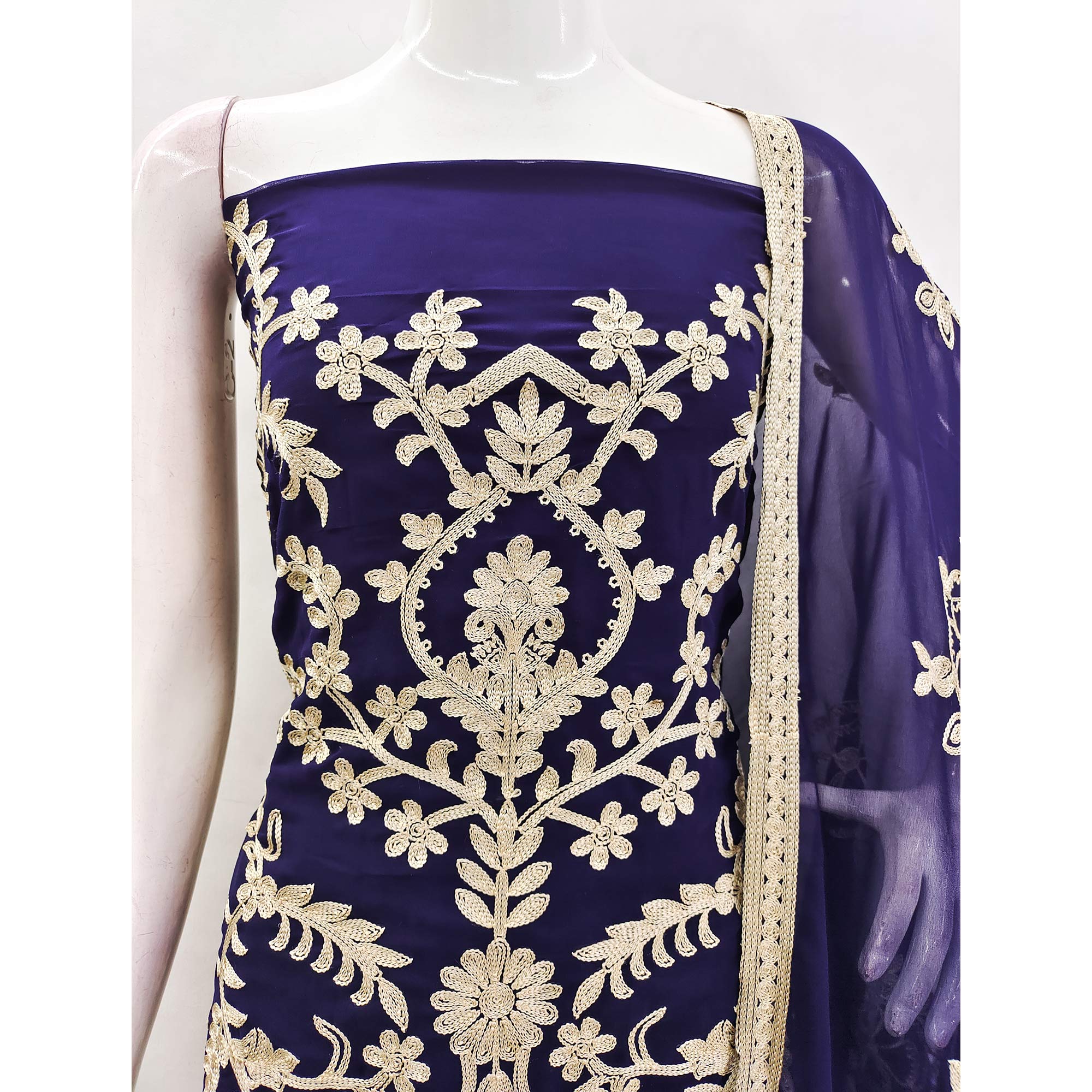 Navy Blue Floral Embroidered Georgette Dress Material