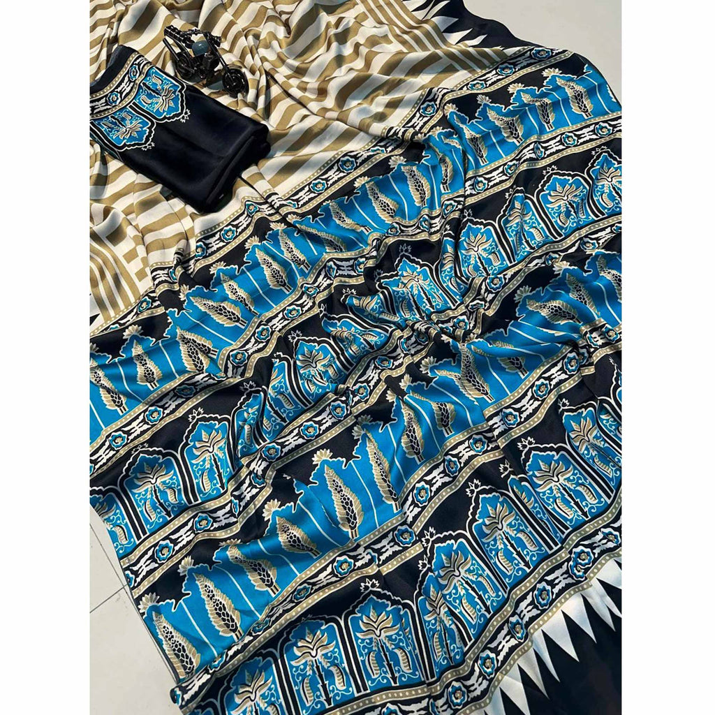 Graceful Chikoo & Black Crepe Silk Blend Saree Adorned with Bold Striped Print Work