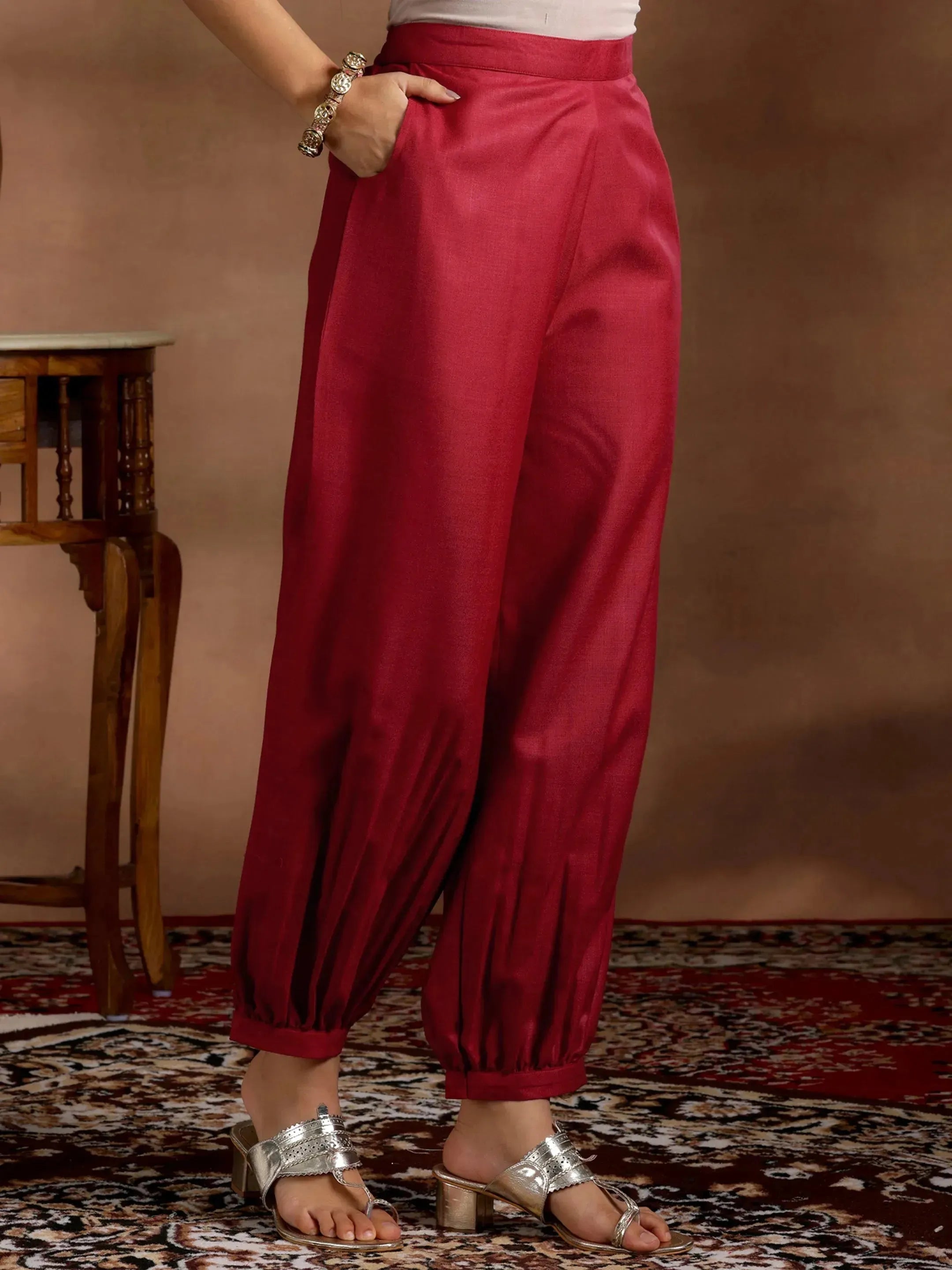 Maroon Solid Cotton Blend Straight Suit With Dupatta