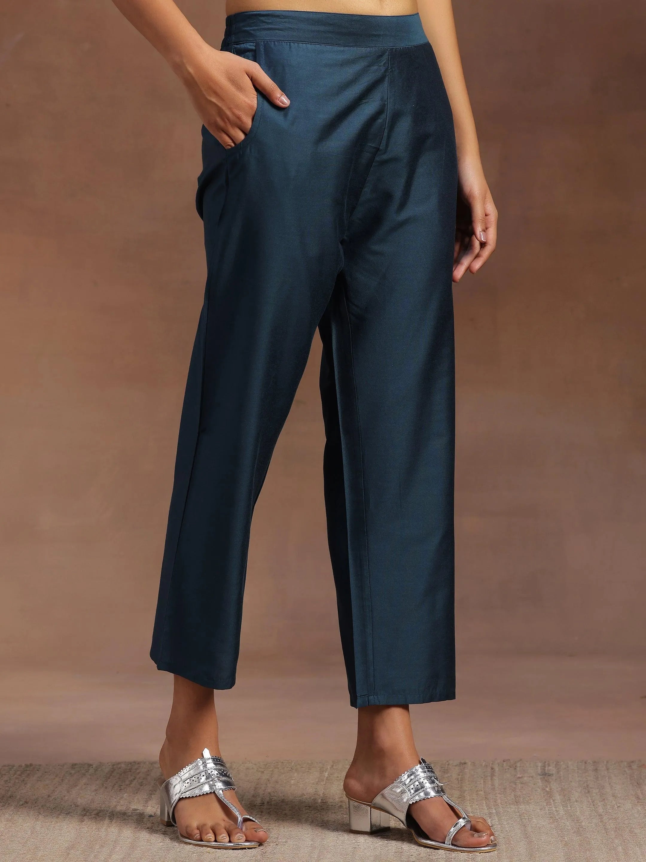 Blue Yoke Design Silk Blend Straight Suit With Dupatta