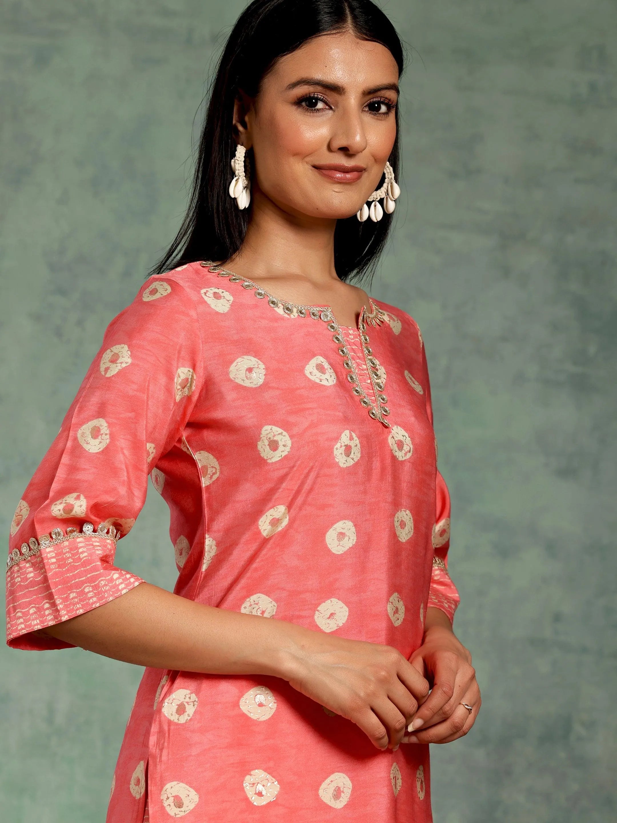 Peach Printed Silk Blend Straight Kurta Set