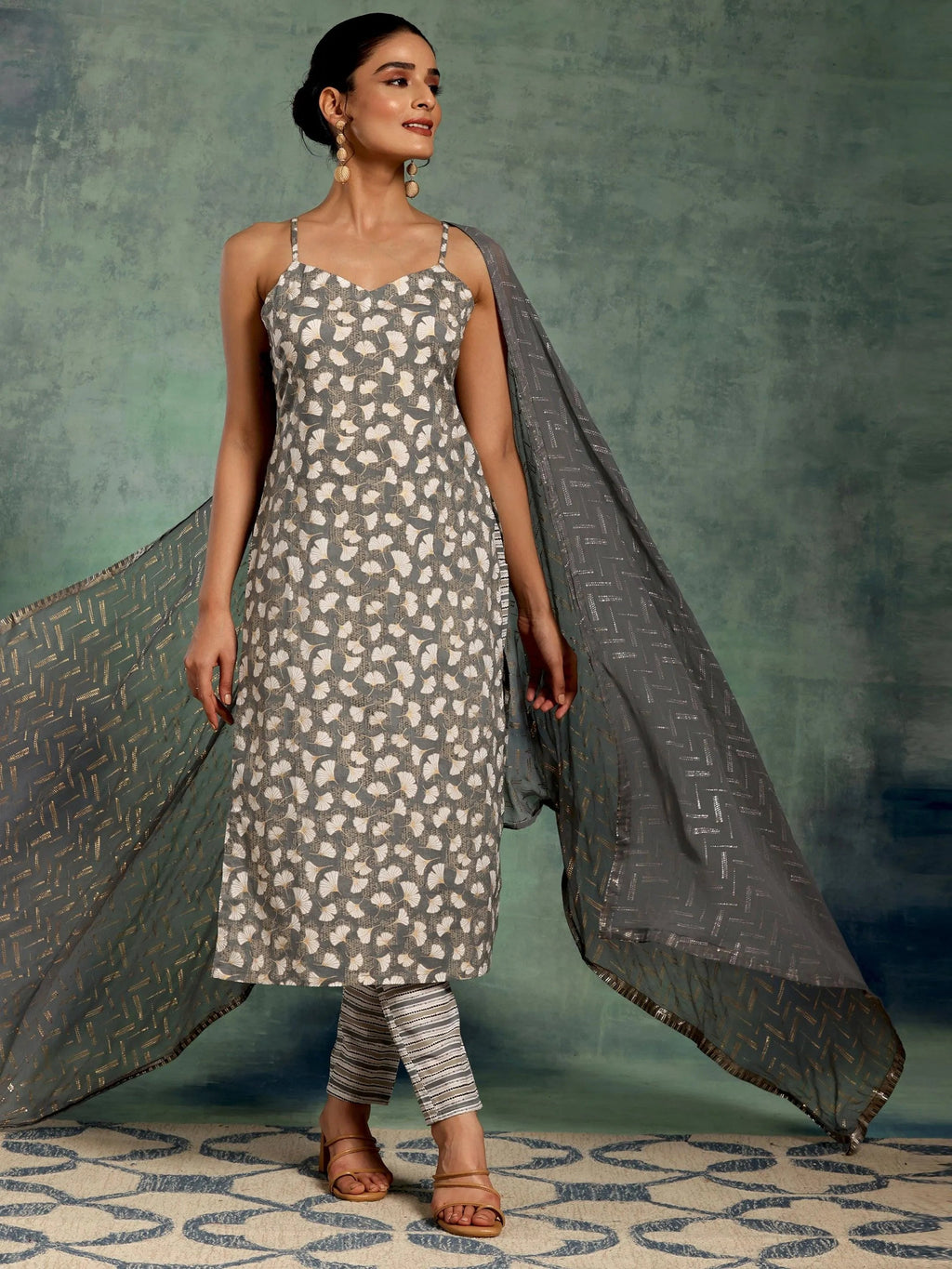 Grey Printed Cotton Straight Suit With Dupatta