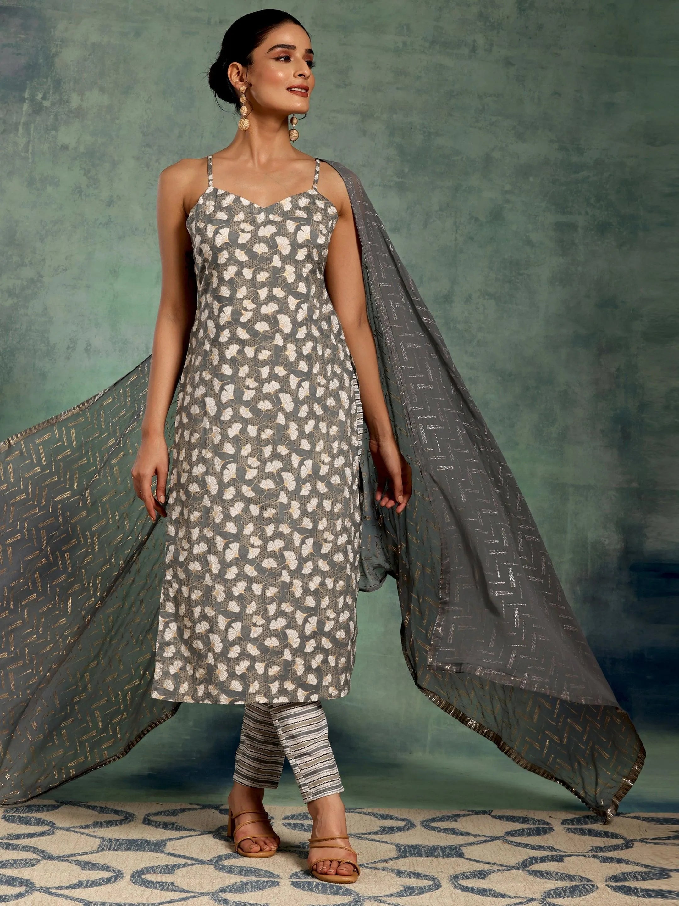 Grey Printed Cotton Straight Suit With Dupatta