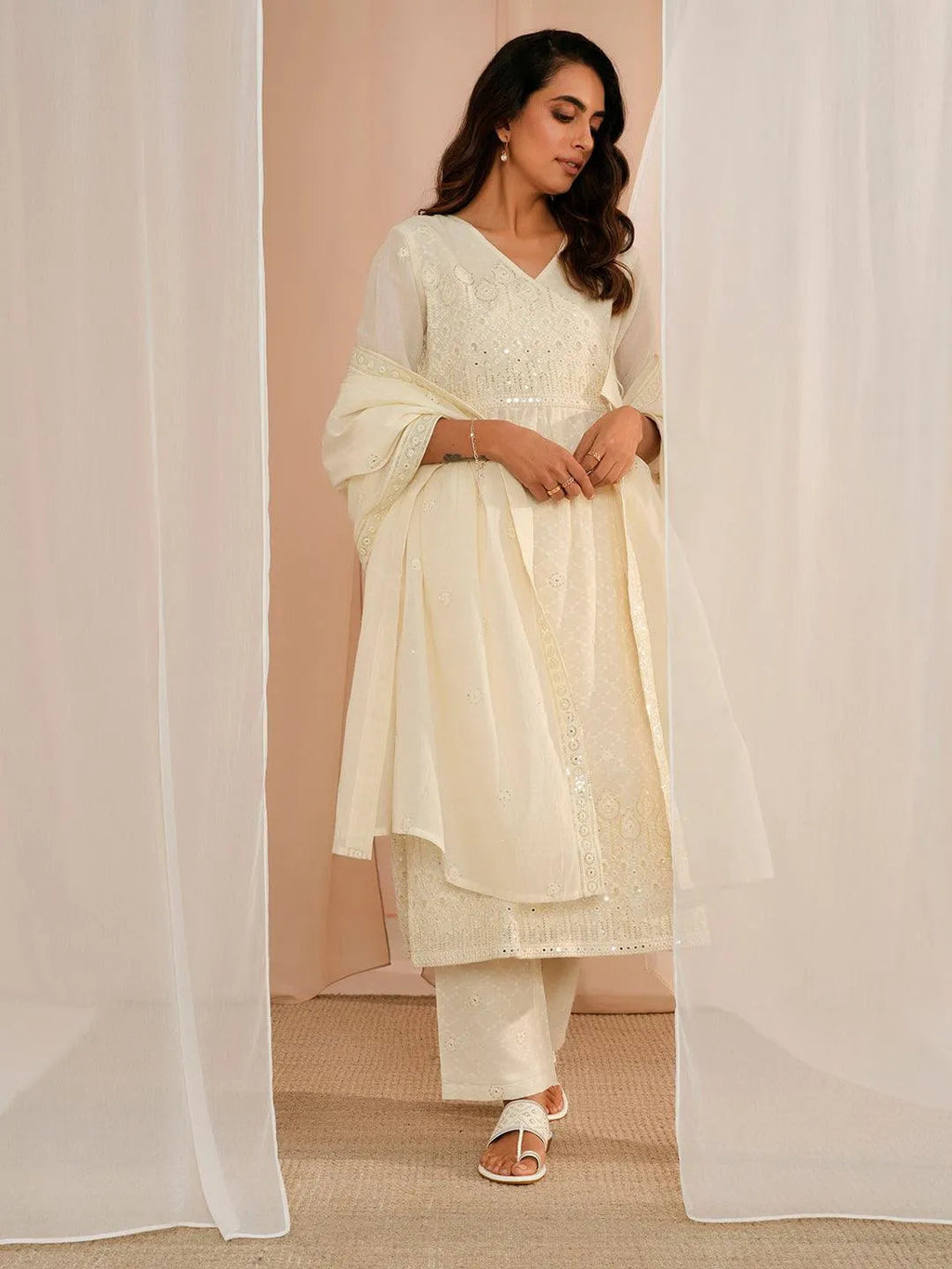 Off White Embroidered Cotton A-Line Kurta With Trousers & Dupatta