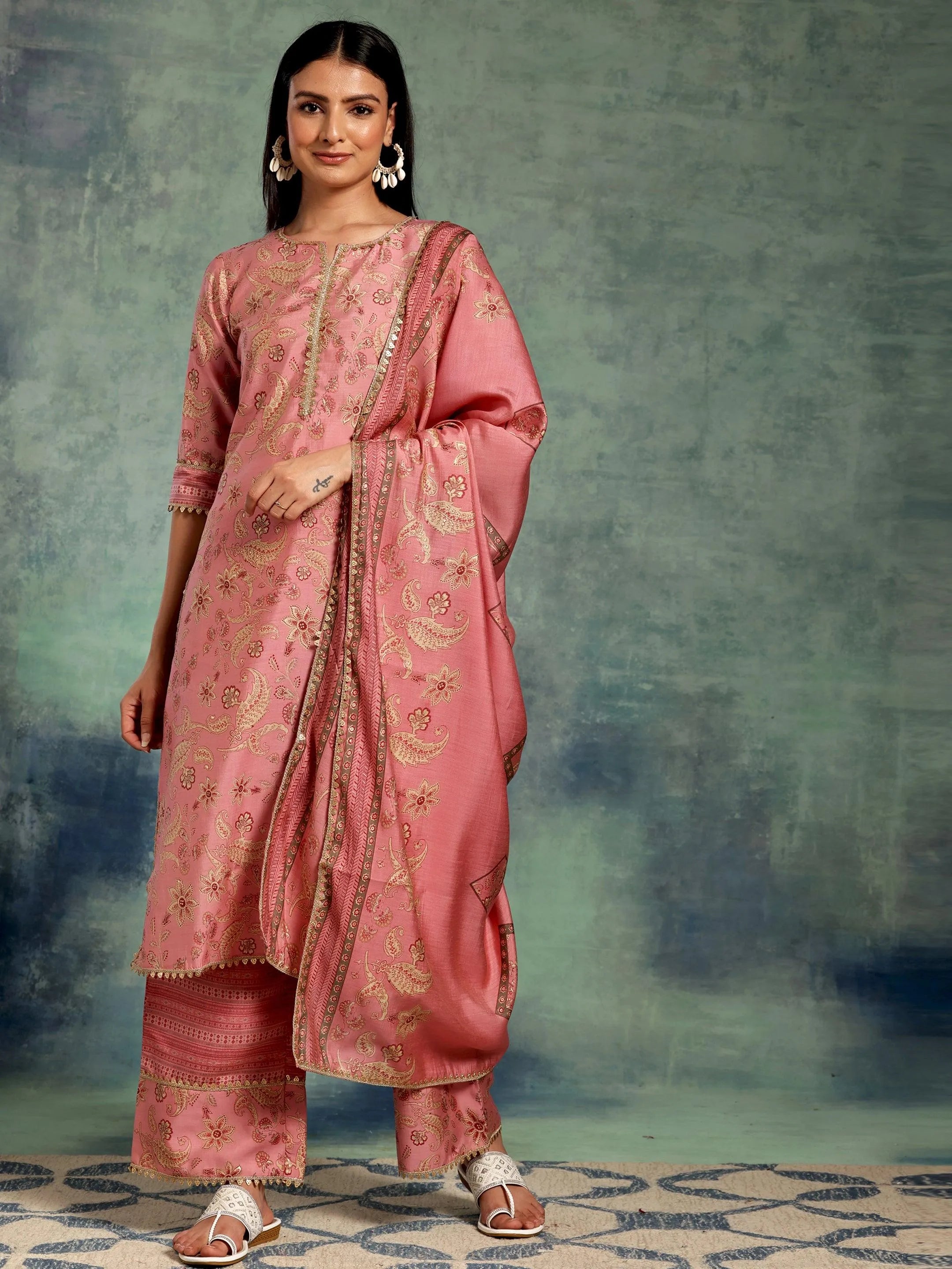 Pink Printed Silk Blend Straight Suit With Dupatta