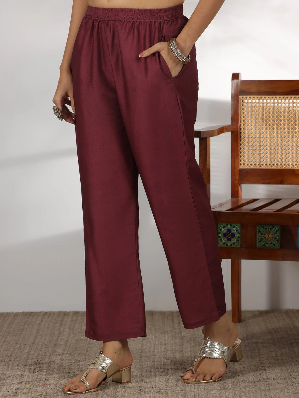 Maroon Printed Silk Blend Straight Suit With Dupatta