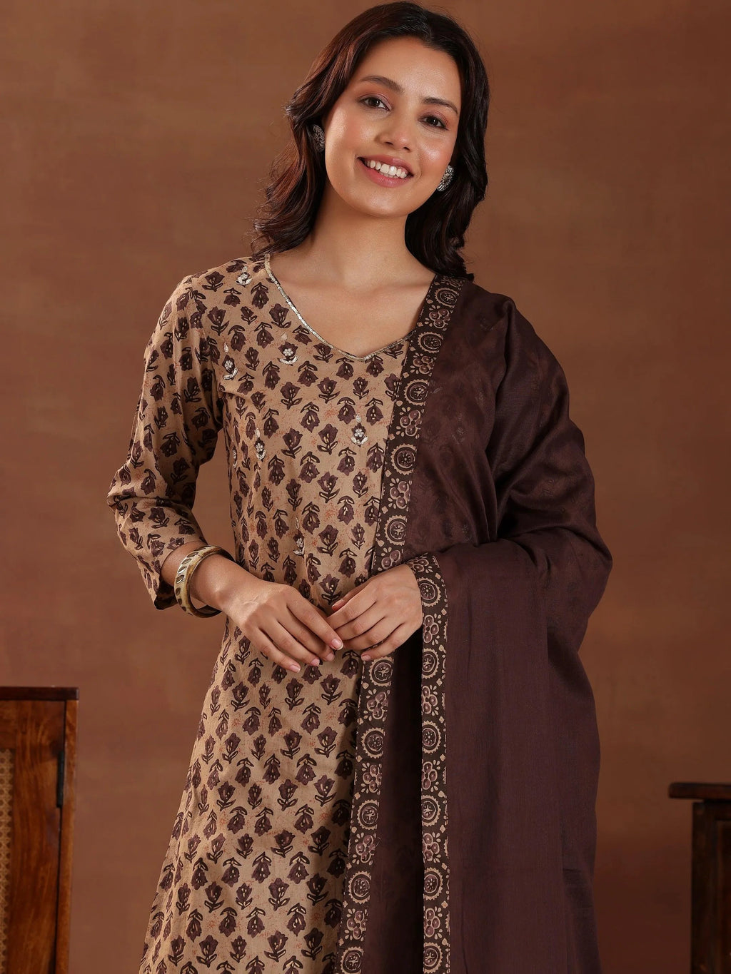 Brown Printed Cotton Straight Suit With Dupatta