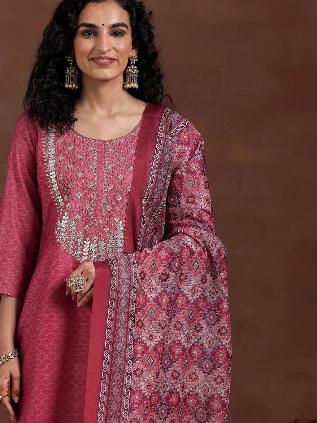 Pink Printed Silk Blend Straight Suit With Dupatta