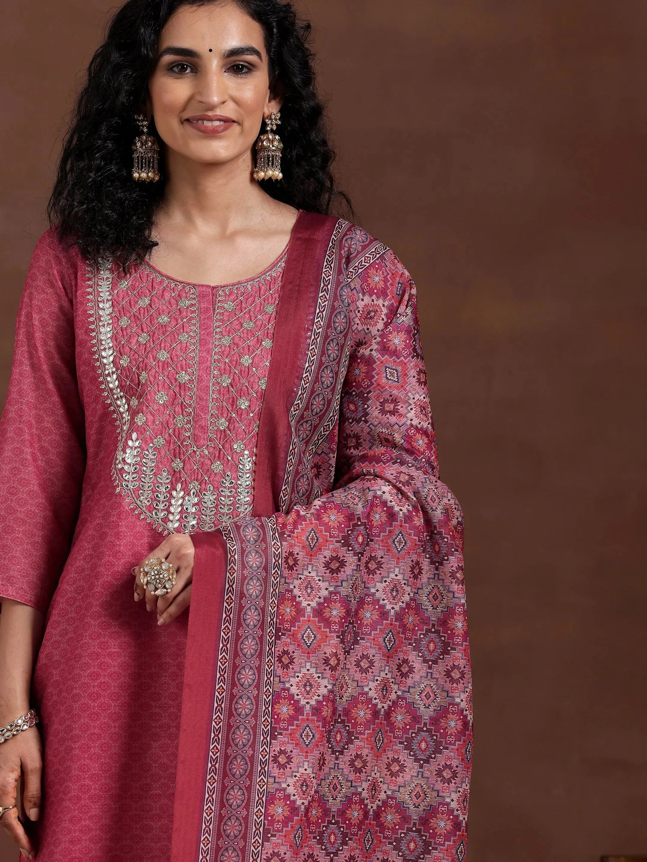 Pink Printed Silk Blend Straight Suit With Dupatta