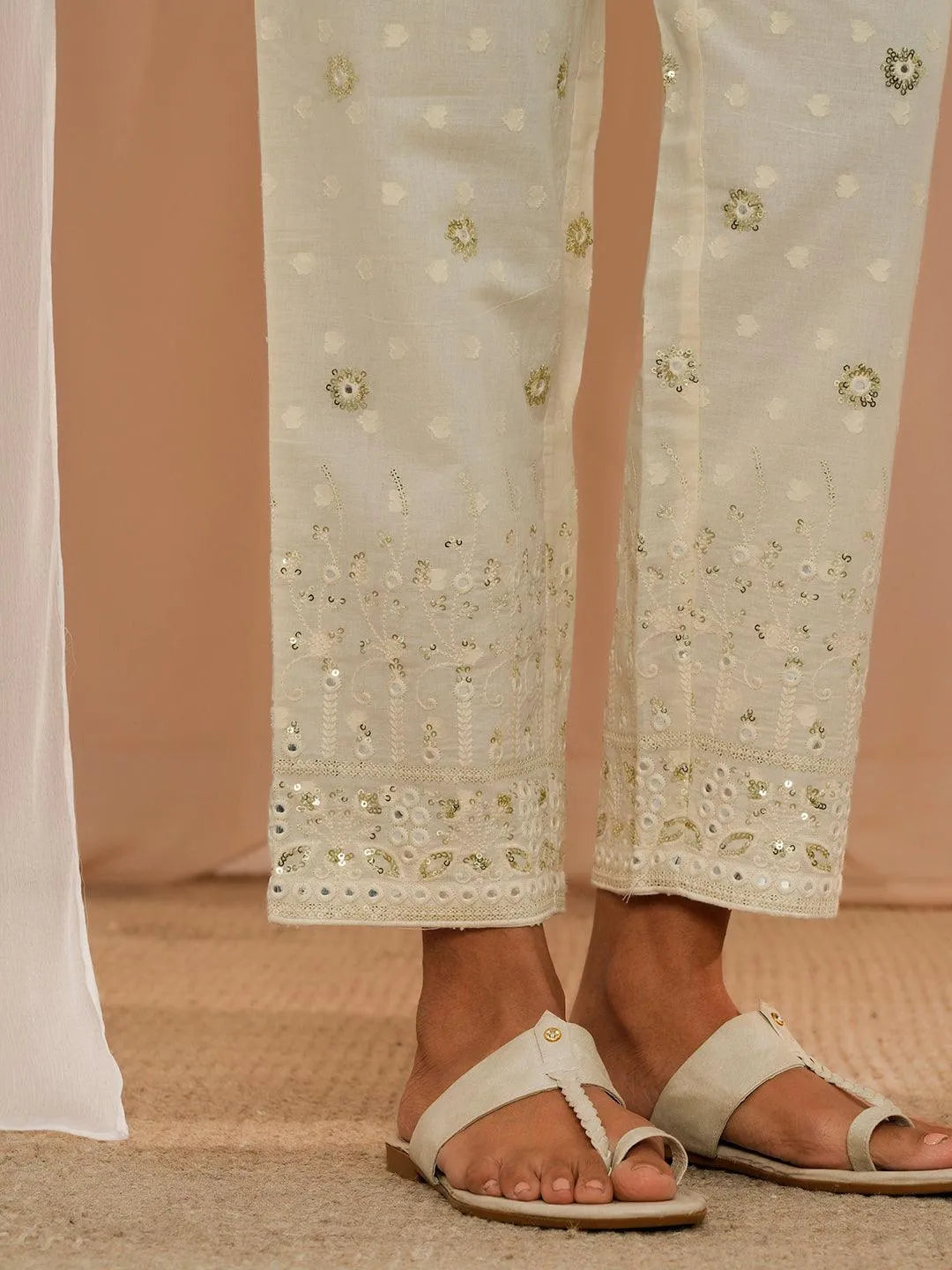 Off White Embroidered Cotton Straight Suit With Dupatta