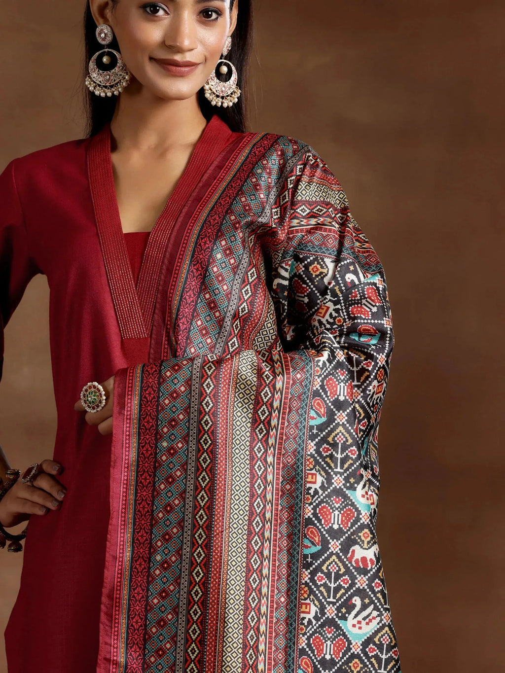 Maroon Solid Cotton Blend Straight Suit With Dupatta