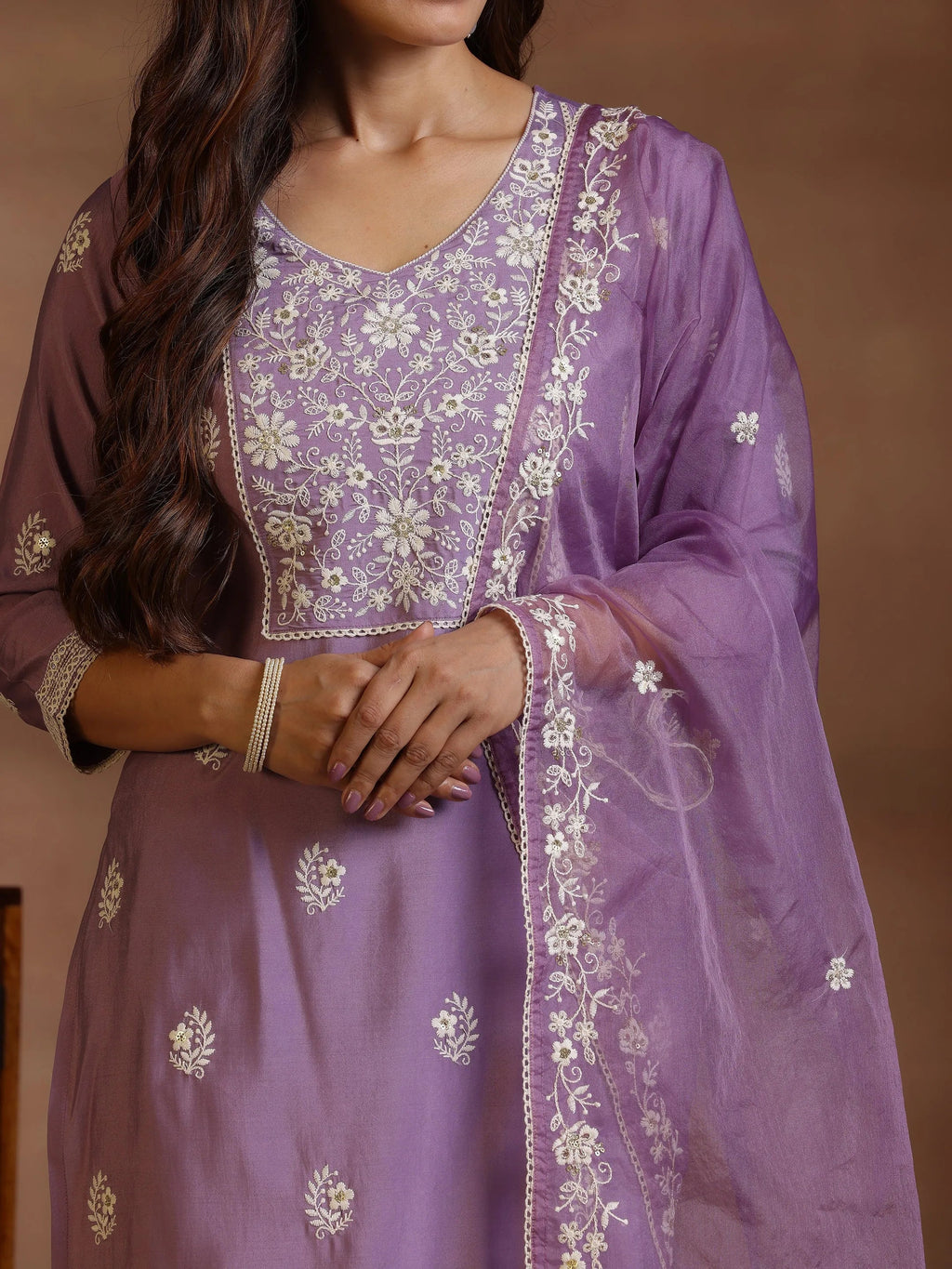 Mauve Embroidered Silk Blend Straight Suit With Dupatta