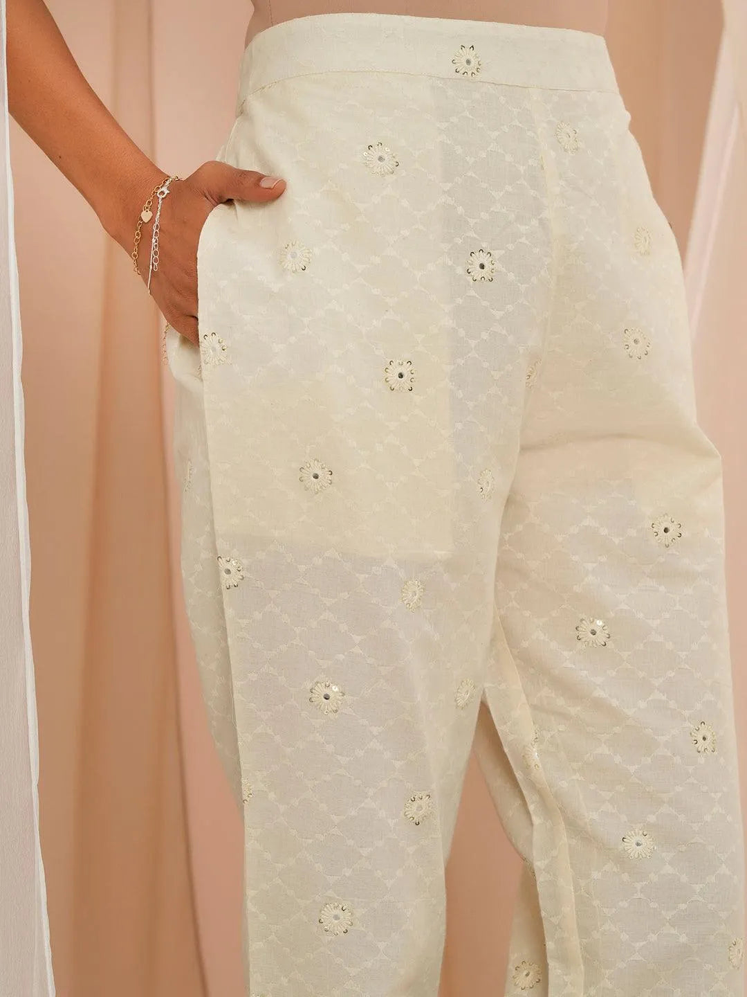 Off White Embroidered Cotton A-Line Kurta With Trousers & Dupatta