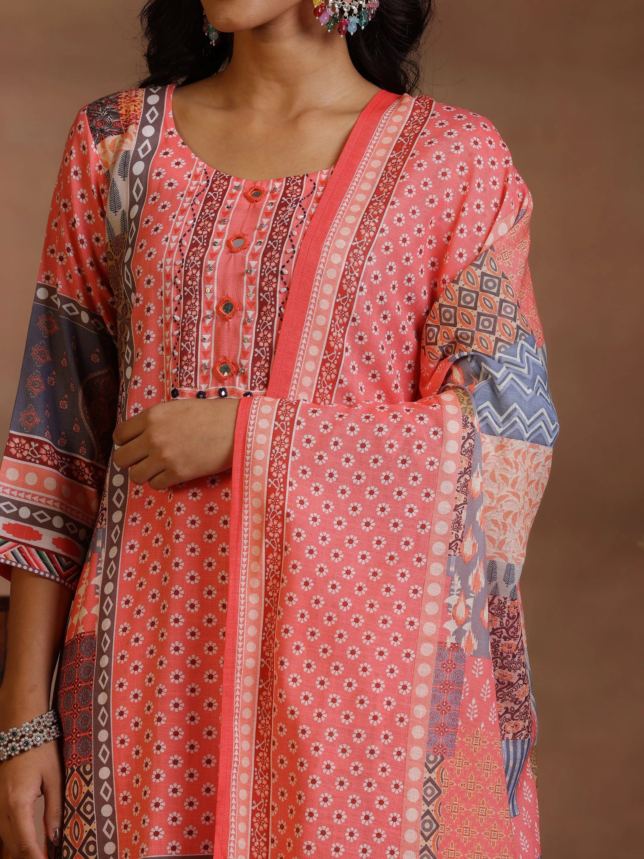 Multi Printed Linen Straight Suit With Dupatta