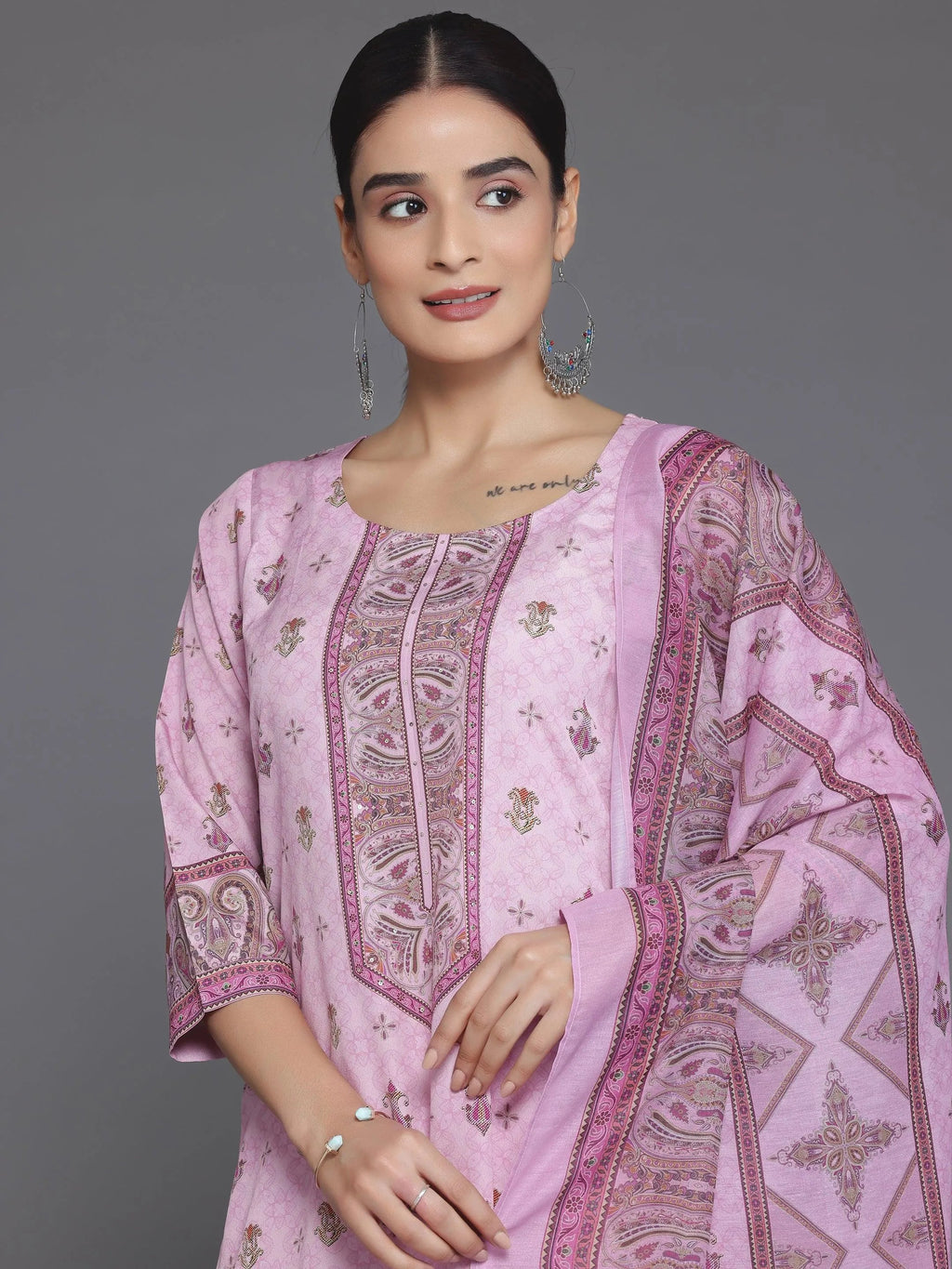 Pink Printed Poly Crepe Straight Suit With Dupatta