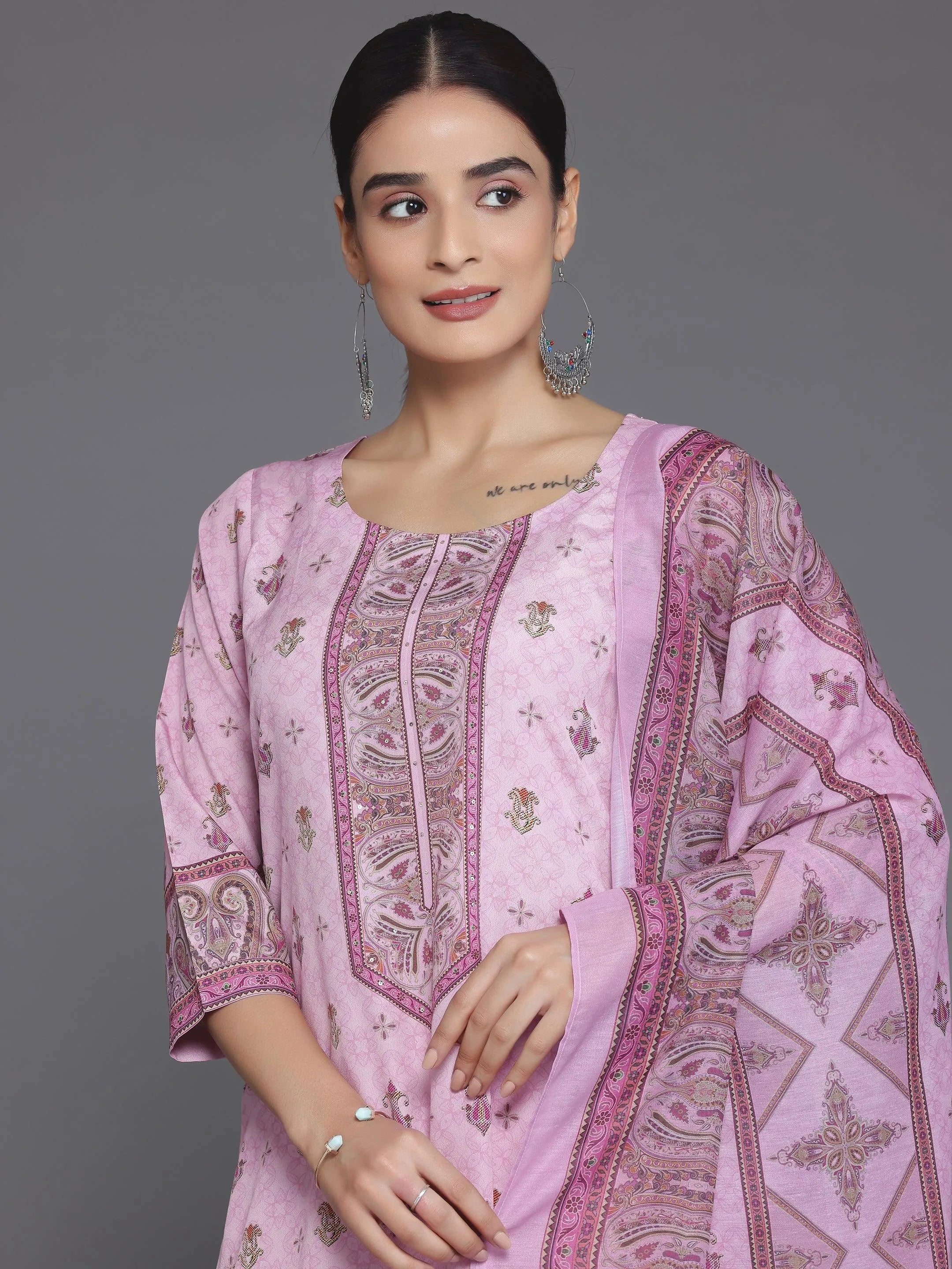 Pink Printed Poly Crepe Straight Suit With Dupatta