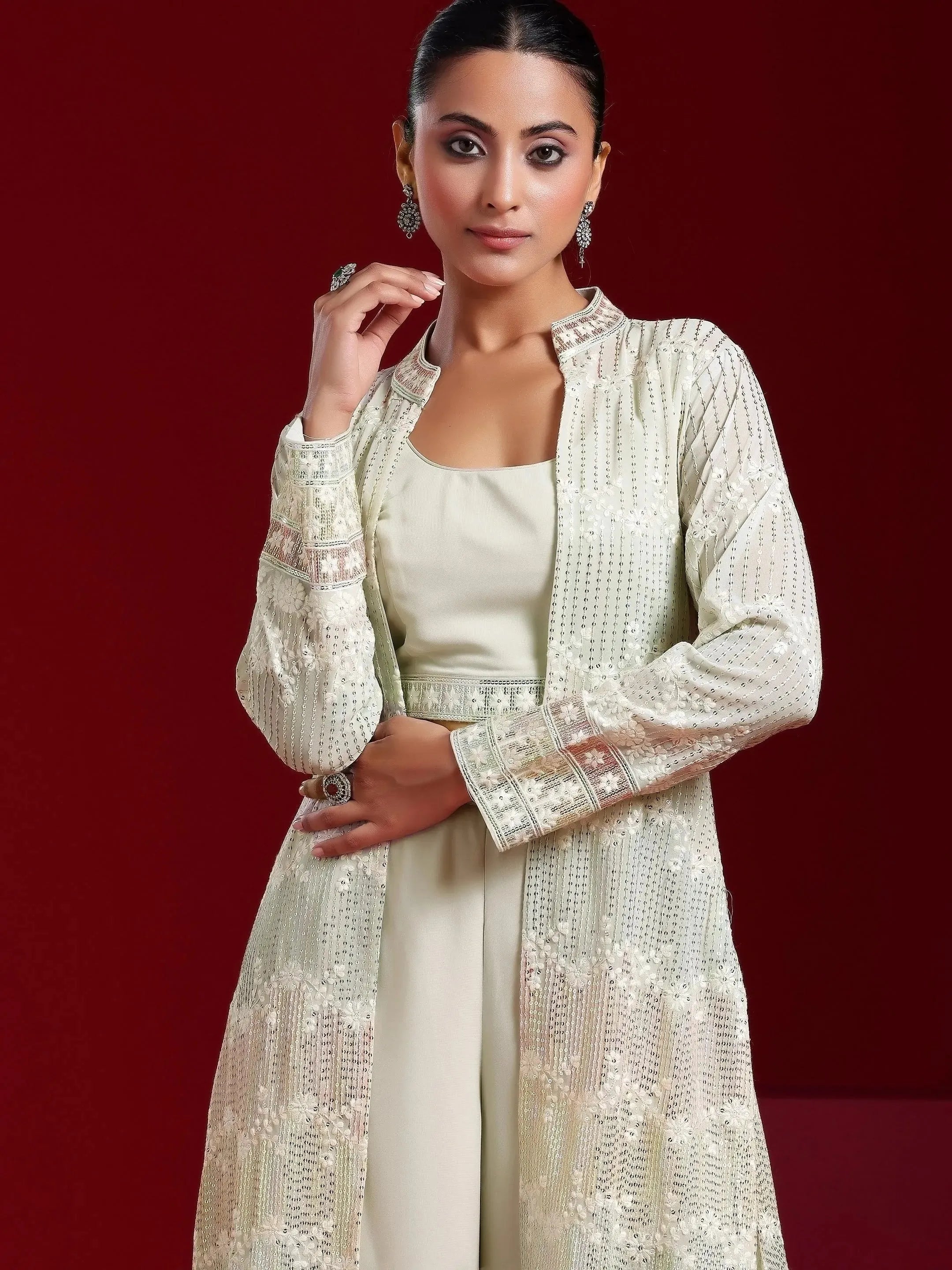 Libas Art Sea Green Solid Georgette 3 Piece Co-Ords