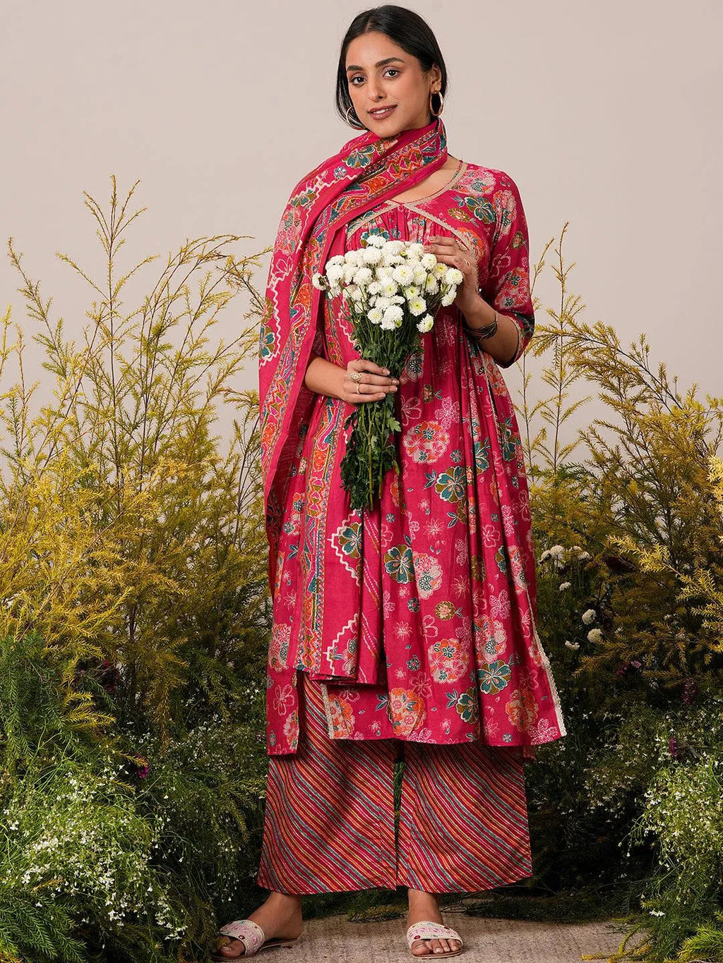 Pink Printed Silk Blend A-Line Kurta With Palazzos & Dupatta