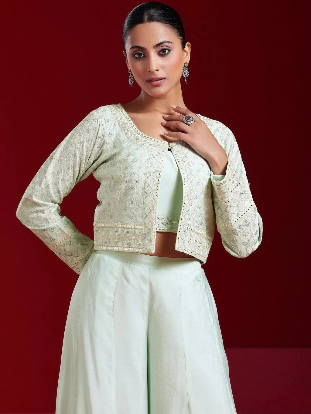 Libas Art Sea Green Solid Silk Blend 3 Piece Co-Ords