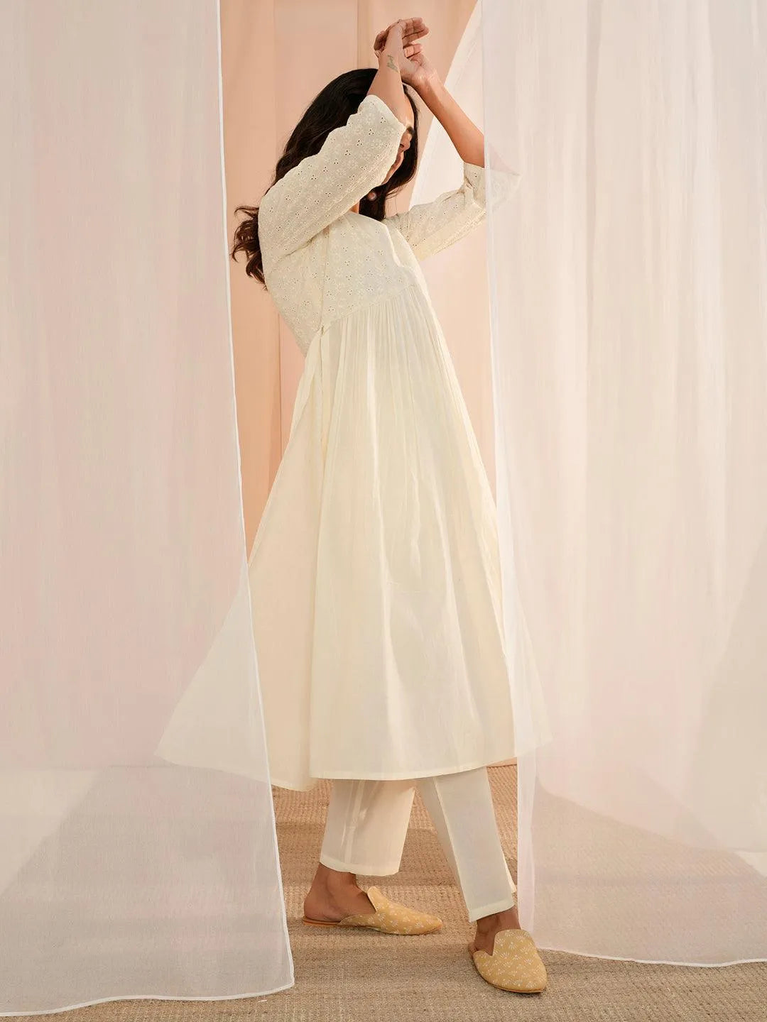 Off White Embroidered Cotton Straight Kurta Set